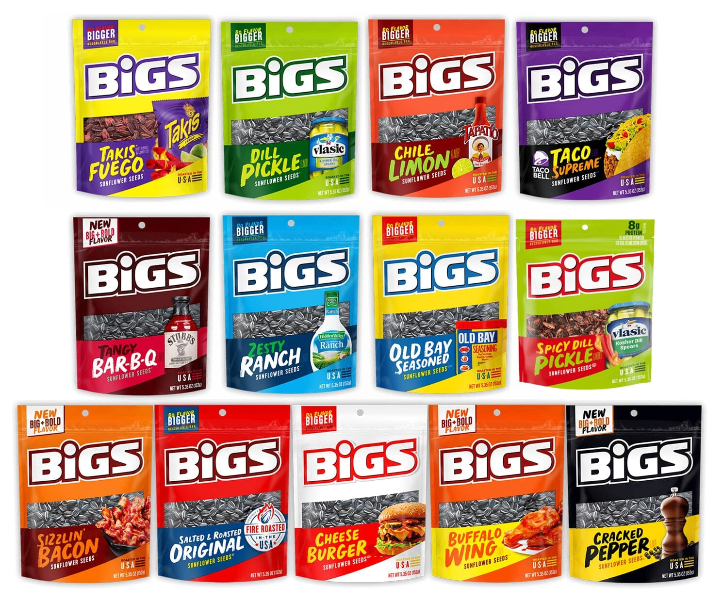BIGS Sunflower Seeds Variety Pack, 13 Flavors, 5.35 Ounce Each, 1 Bag per Flavor Snackathon 13 Flavors 5.35 Ounce Each