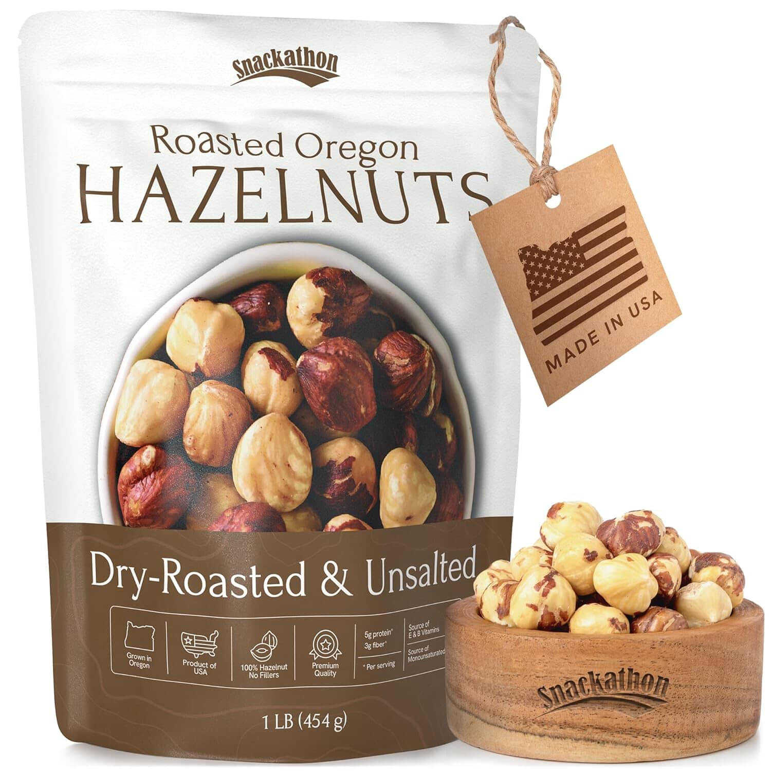 Snackathon Roasted Oregon Hazelnuts, Unsalted, Dry Roasted, Whole Filberts, Premium Natural Nuts Grown in USA, 1 LB Resealable Bag, Healthy Snack, Ideal for Baking, Nut Butters & Recipes Snackathon Foods Roasted Unsalted 1 Pound
