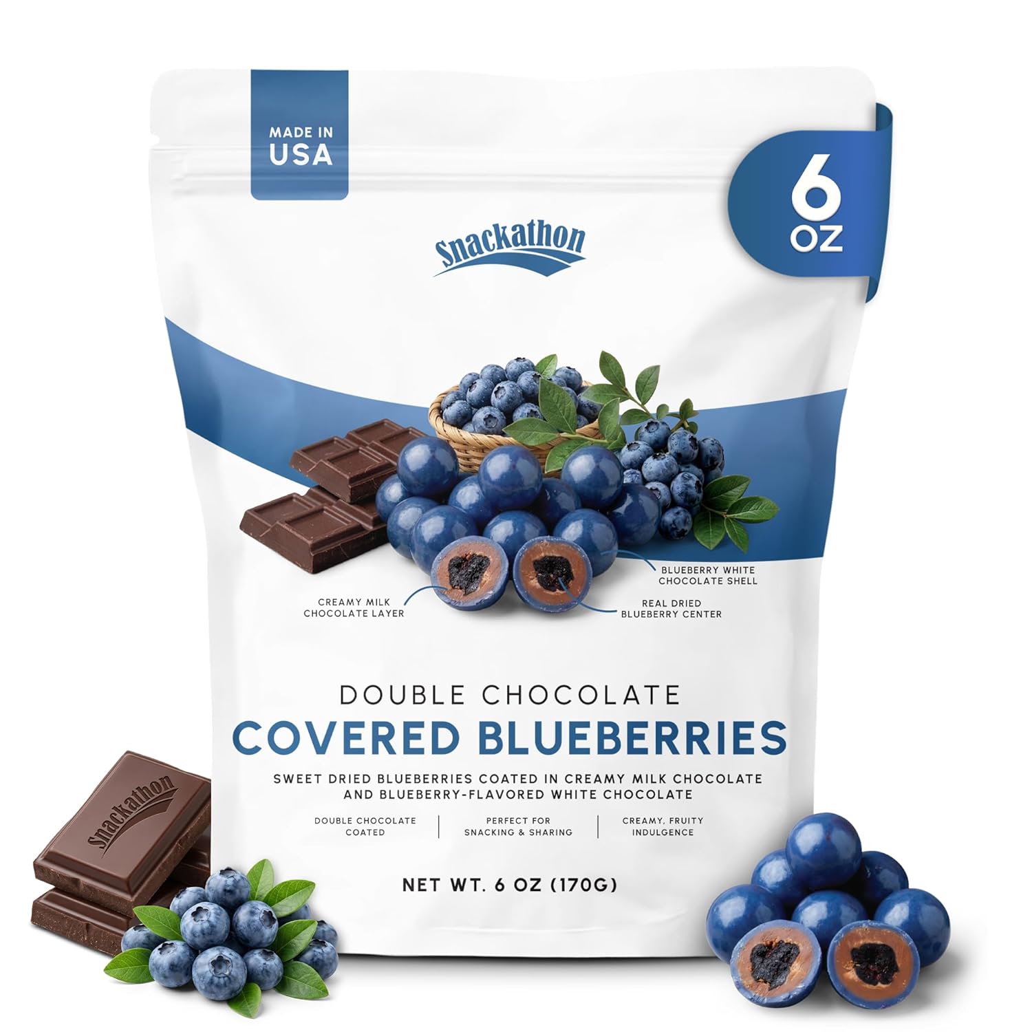 Snackathon Double Chocolate Covered Blueberries, Creamy & Fruity Gourmet Chocolate Candy