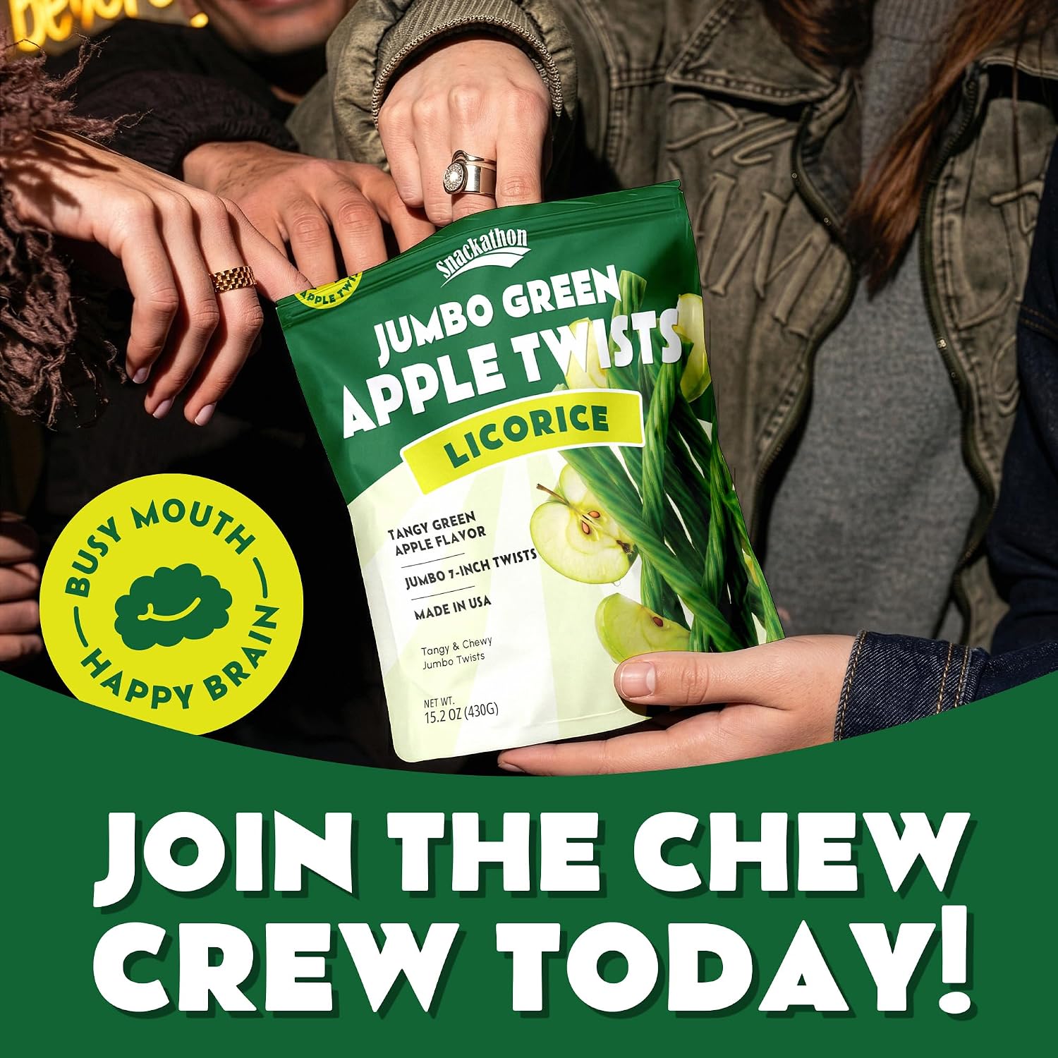 Snackathon Green Apple Licorice Twists, 15.2 oz, Jumbo Chewy Licorice Sticks