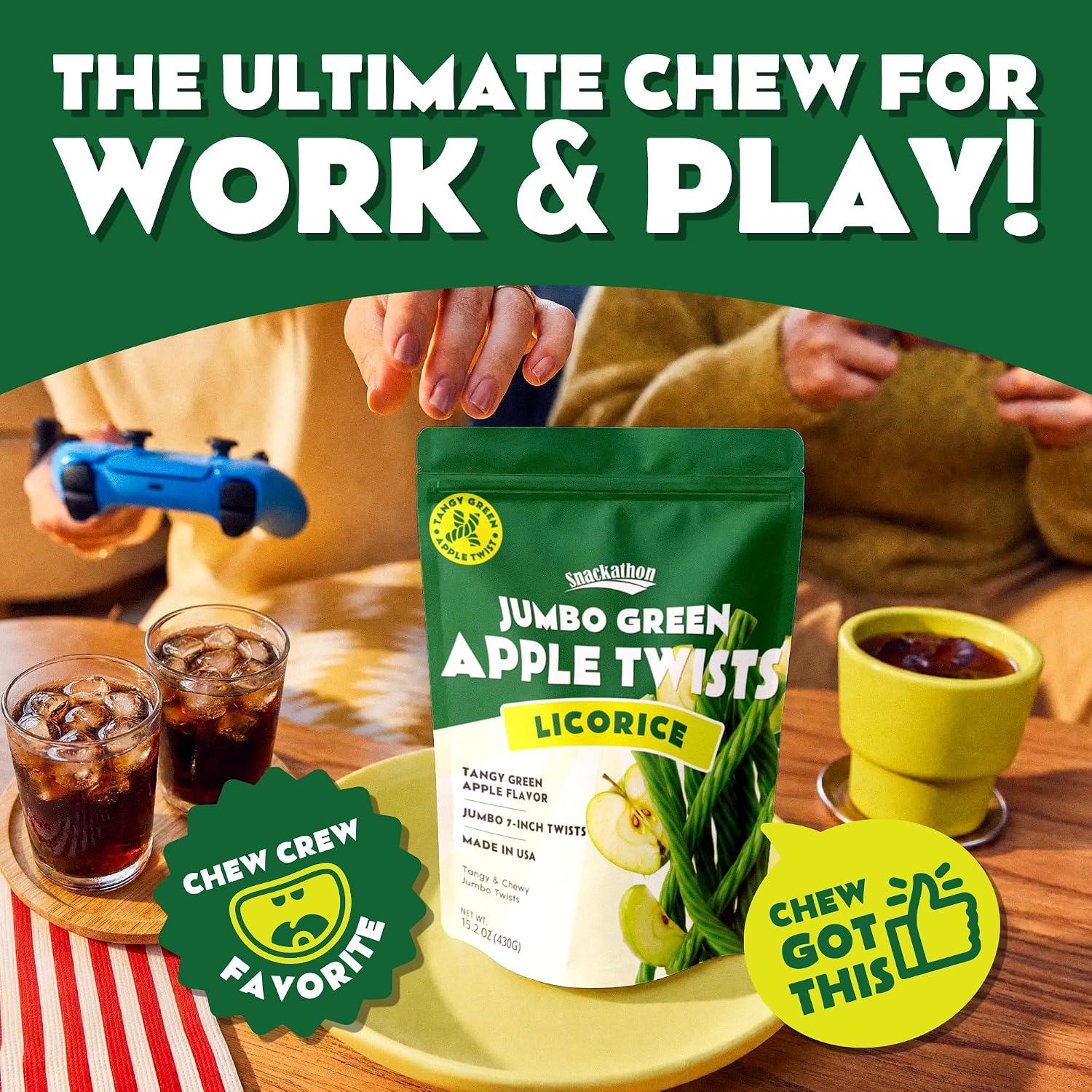 Snackathon Green Apple Licorice Twists, 15.2 oz, Jumbo Chewy Licorice Sticks