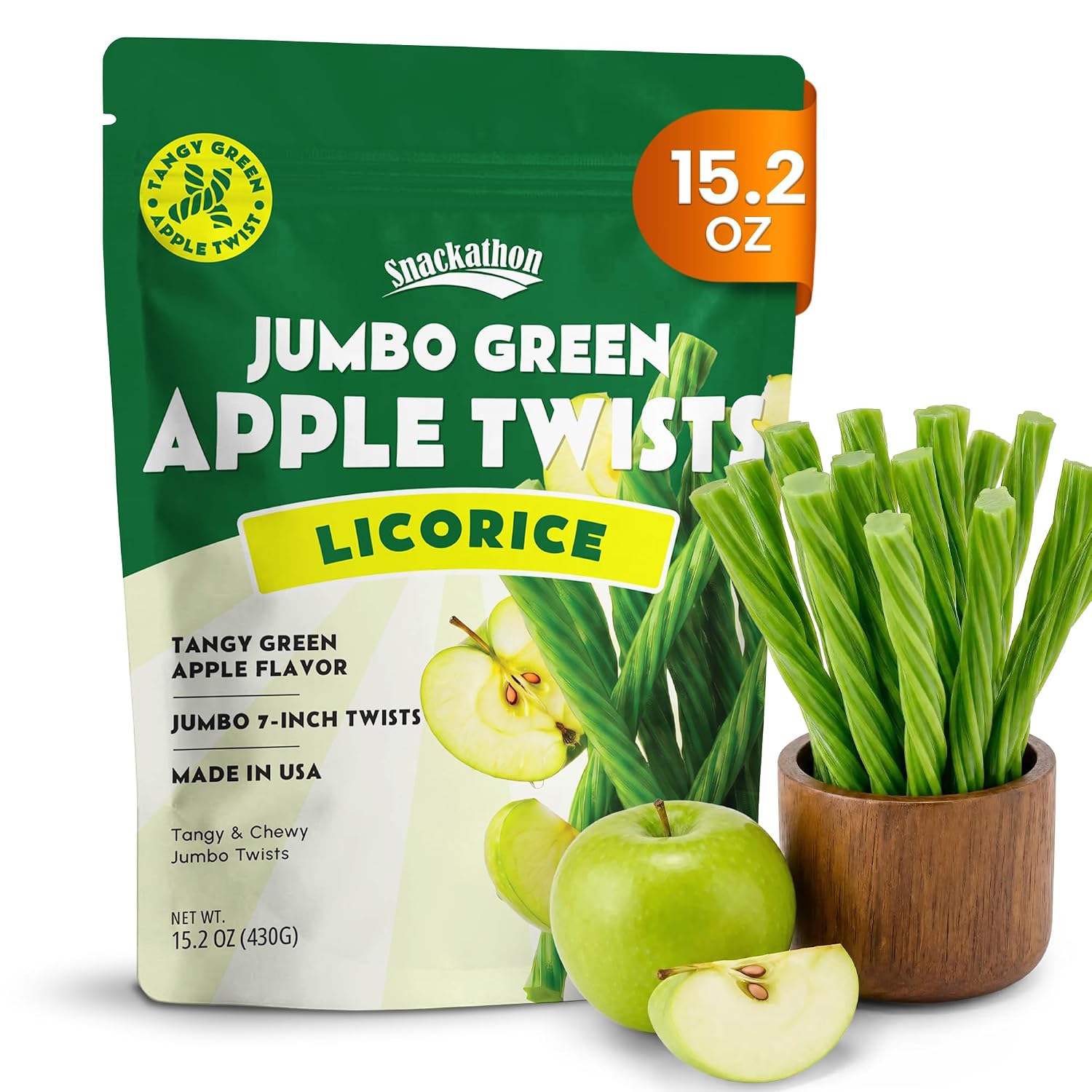 Snackathon Green Apple Licorice Twists, 15.2 oz, Jumbo Chewy Licorice Sticks