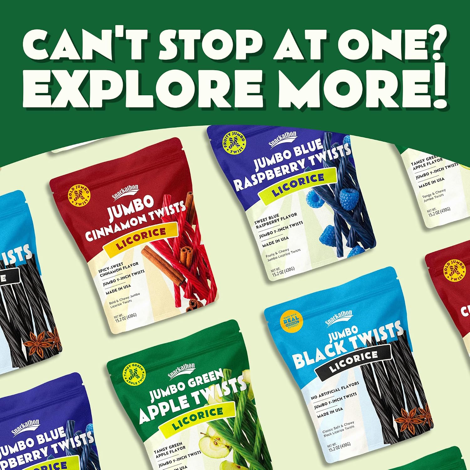 Snackathon Green Apple Licorice Twists, 15.2 oz, Jumbo Chewy Licorice Sticks