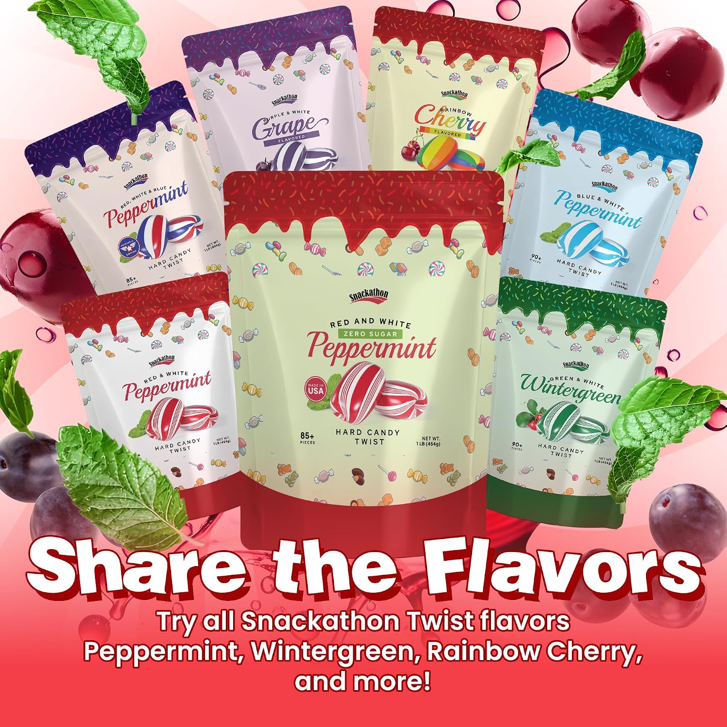 Snackathon Sugar-Free Cylinder-Shaped Twists Hard Candy, Red & White Peppermint Twists, 1 Pound