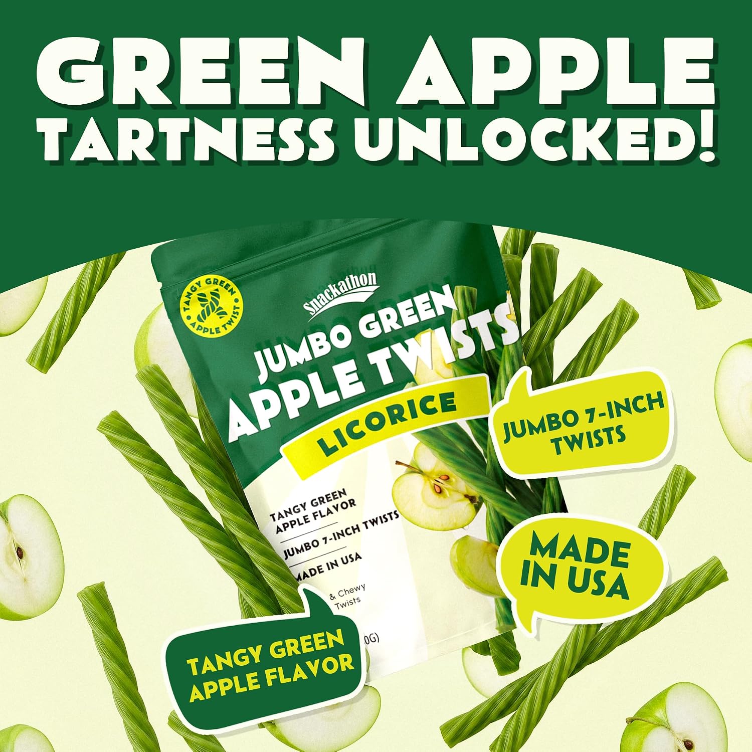 Snackathon Green Apple Licorice Twists, 15.2 oz, Jumbo Chewy Licorice Sticks