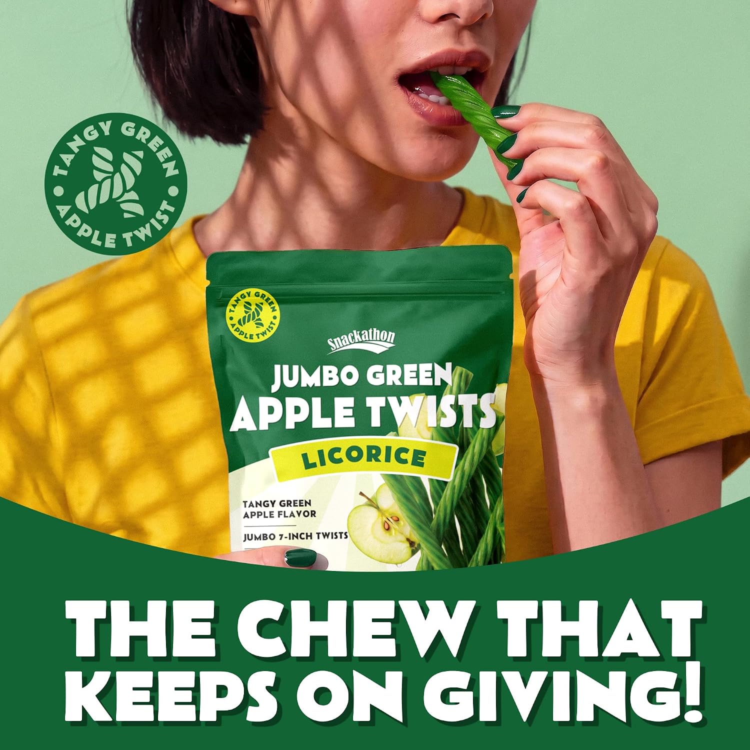 Snackathon Green Apple Licorice Twists, 15.2 oz, Jumbo Chewy Licorice Sticks