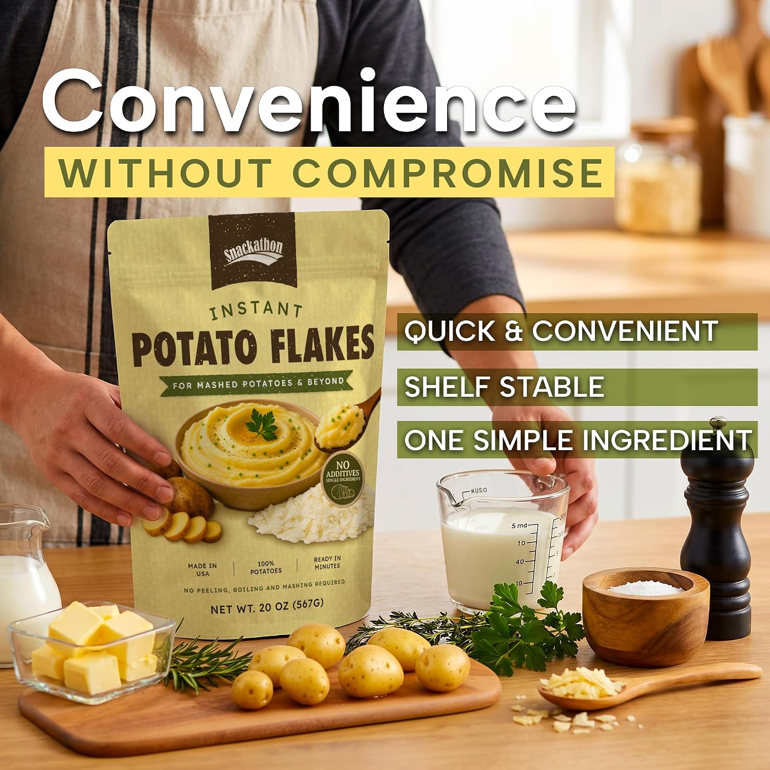 Snackathon Potato Flakes, No Additives, Instant Mashed Potatoes | Single Ingredient, Vegan, Non-GMO, Dairy-Free, Shelf Stable, Ready in Minutes, Grown & Made in USA, For Soups & Baking