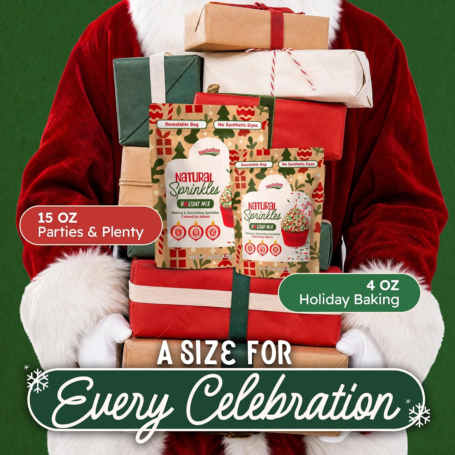 Snackathon Dye Free Christmas Sprinkles, Natural Red, Green & White Holiday Jimmies