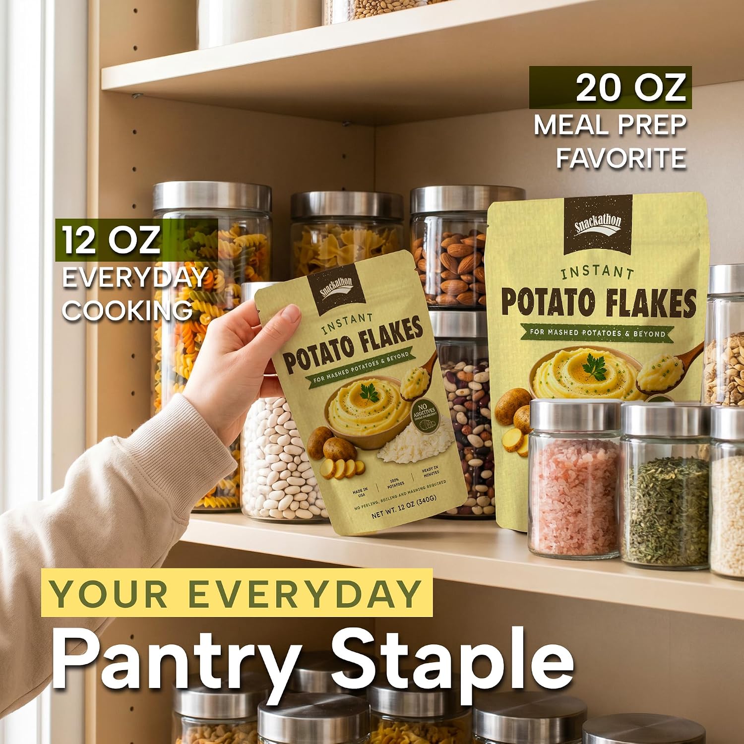 Snackathon Potato Flakes, No Additives, Instant Mashed Potatoes | Single Ingredient, Vegan, Non-GMO, Dairy-Free, Shelf Stable, Ready in Minutes, Grown & Made in USA, For Soups & Baking