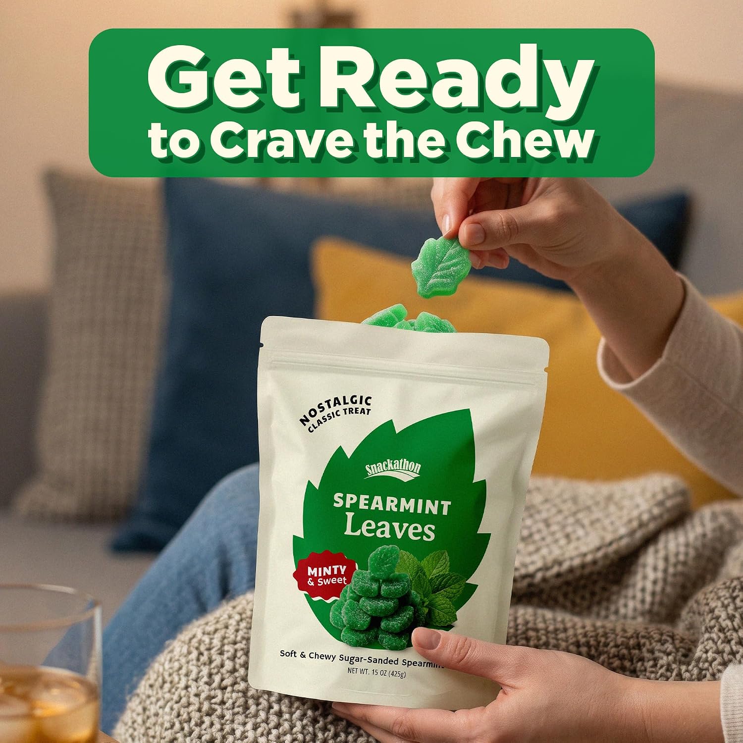 Snackathon Spearmint Leaves Candy, Soft & Chewy Mint Jelly Candy