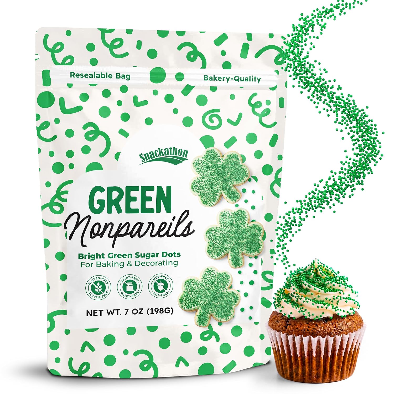 Snackathon Green Nonpareils Sprinkles, 7 oz, Festive Sugar Dot Sprinkles