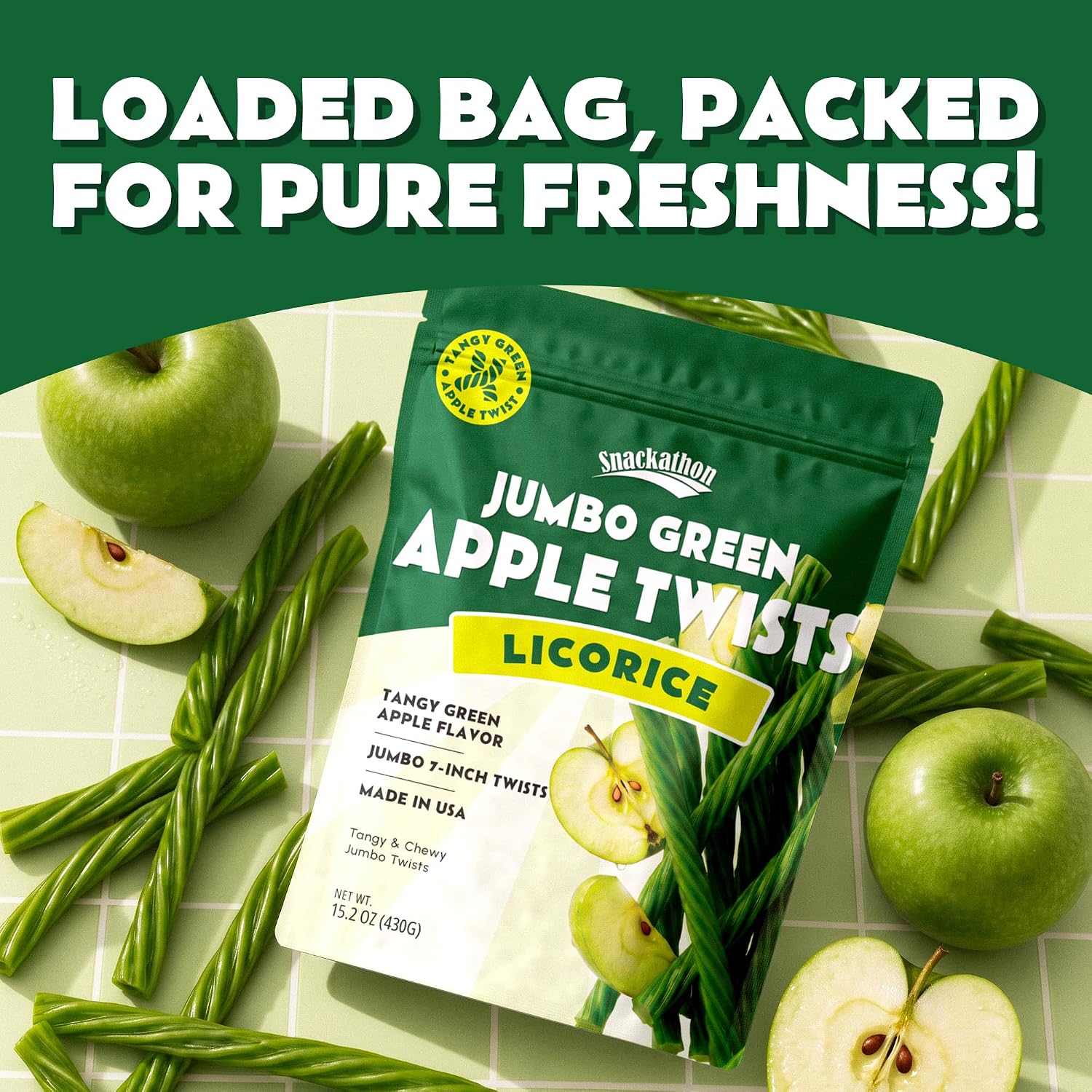 Snackathon Green Apple Licorice Twists, 15.2 oz, Jumbo Chewy Licorice Sticks