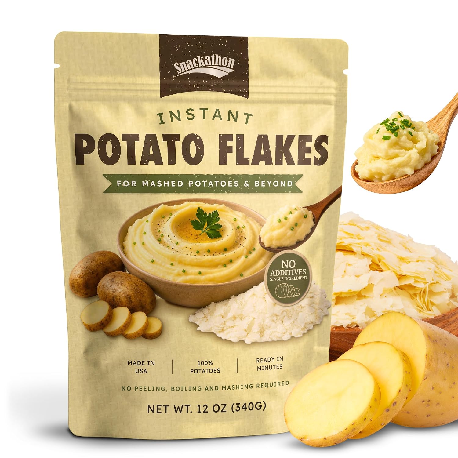 Snackathon Potato Flakes, No Additives, Instant Mashed Potatoes | Single Ingredient, Vegan, Non-GMO, Dairy-Free, Shelf Stable, Ready in Minutes, Grown & Made in USA, For Soups & Baking