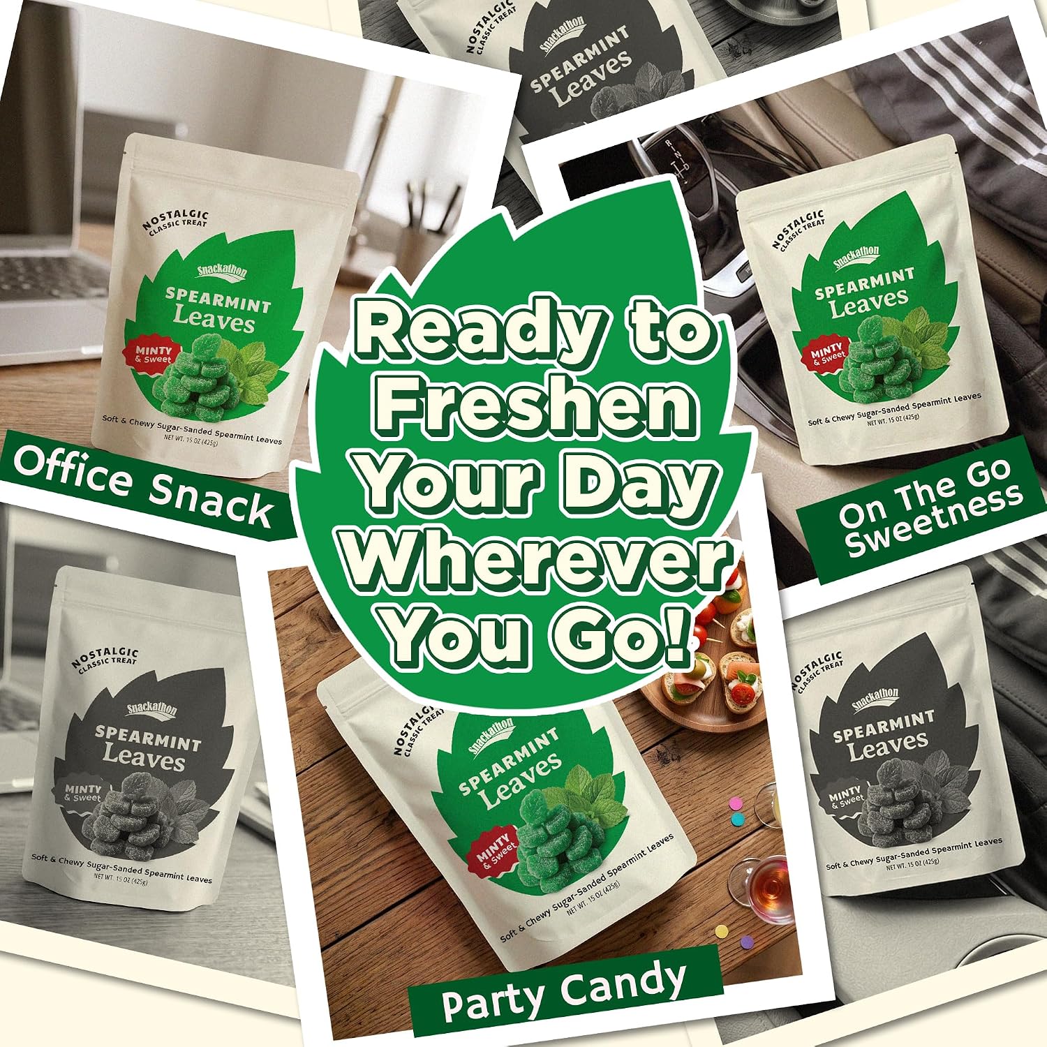 Snackathon Spearmint Leaves Candy, Soft & Chewy Mint Jelly Candy