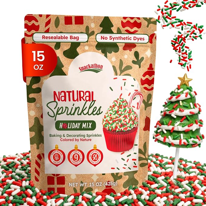 Snackathon Dye Free Christmas Sprinkles, Natural Red, Green & White Holiday Jimmies