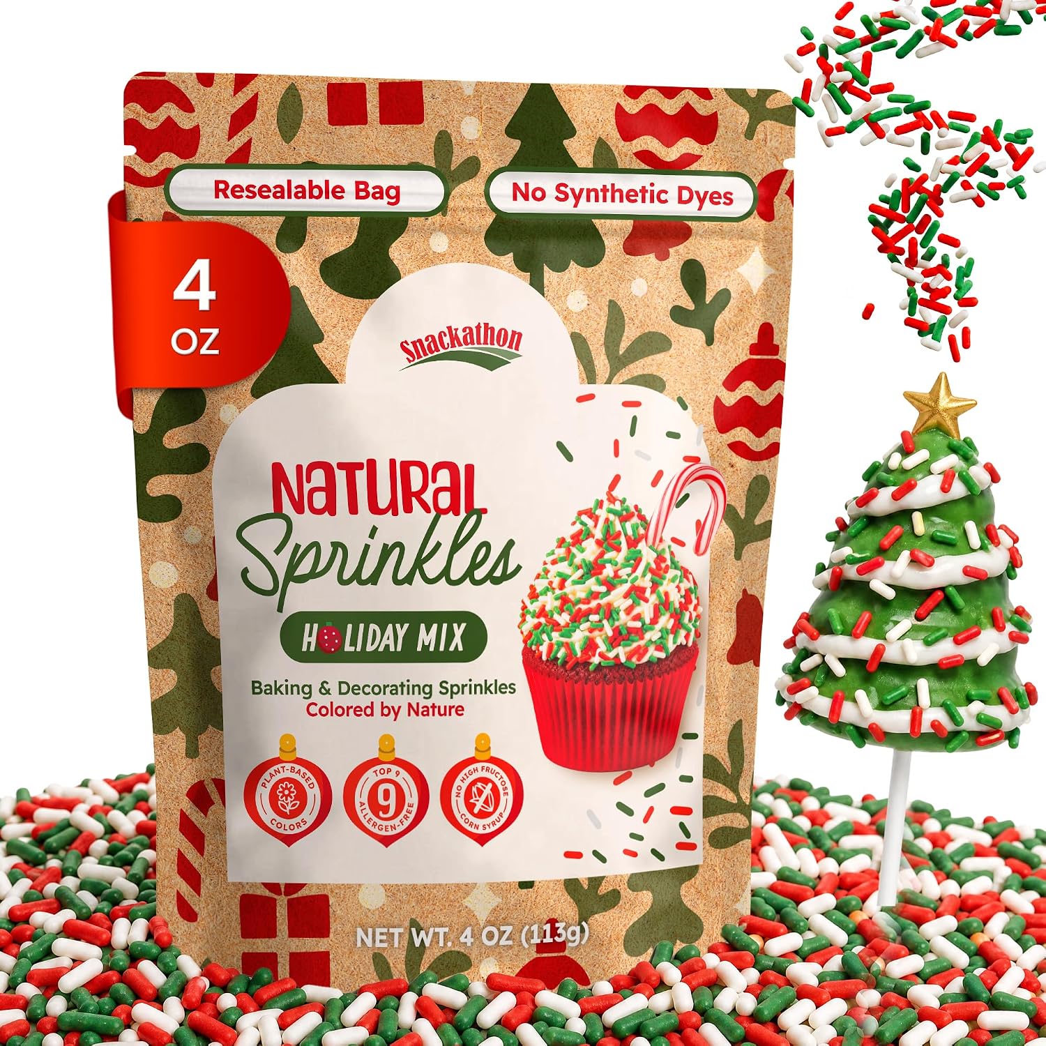 Snackathon Dye Free Christmas Sprinkles, Natural Red, Green & White Holiday Jimmies