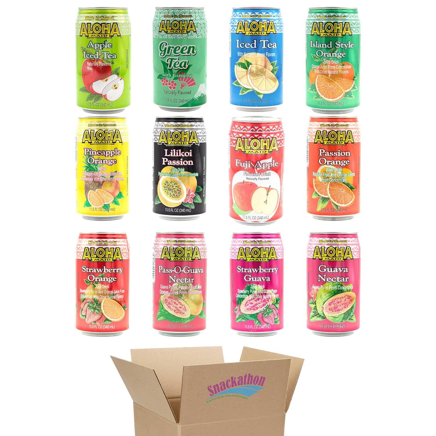 Aloha Maid Drinks, Variety, 4 Cans per Flavor, Total 12 Cans Snackathon 12 Flavors Pack of 12 