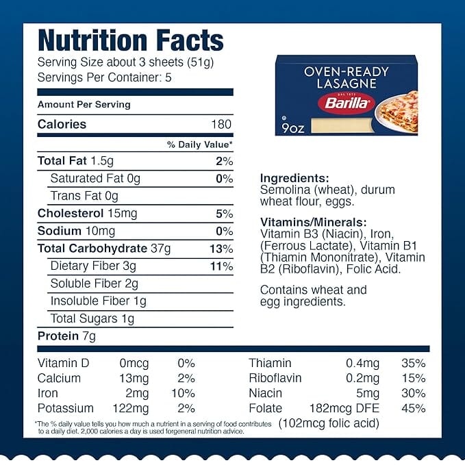 Barilla Oven-Ready Lasagne Pasta Sheets – No Boil Lasagna Noodles, 5 Servings Pack Barilla 