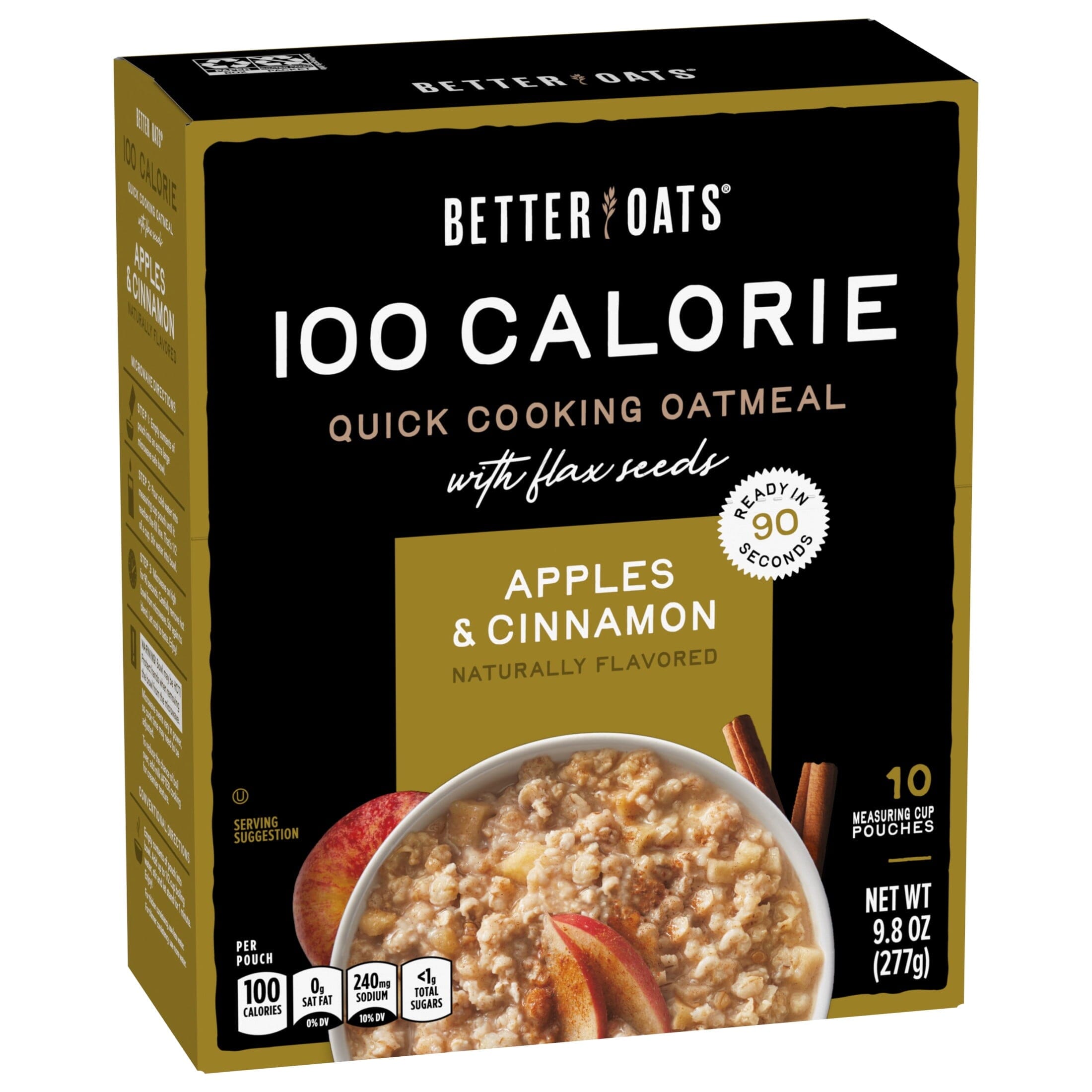 Better Oats 100 Calorie Apples and Cinnamon Oatmeal with Flax Seeds, 10 Instant Oatmeal Packets, 9.8 Ounce, Case of 6 Better Oats 