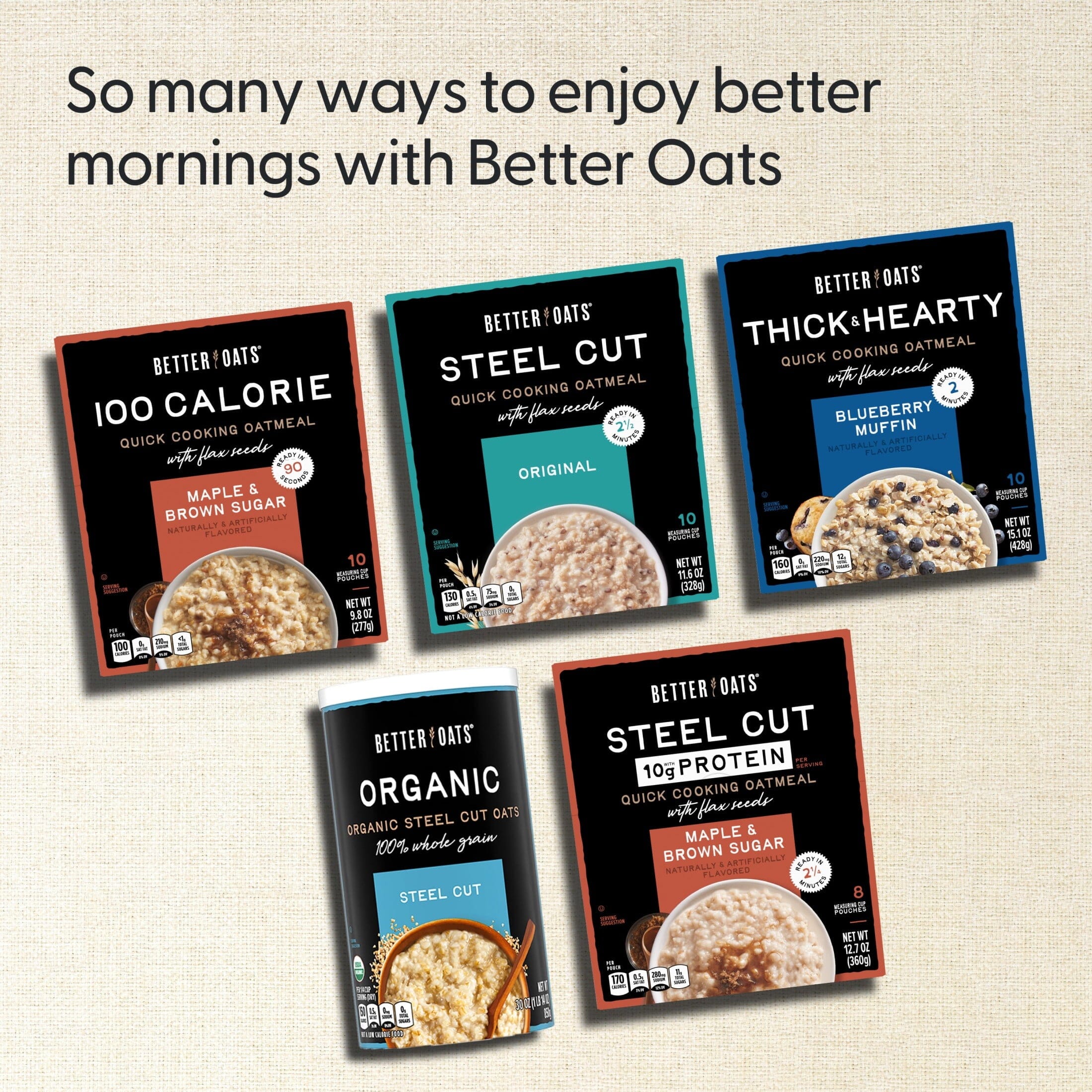 Better Oats 100 Calorie Apples and Cinnamon Oatmeal with Flax Seeds, 10 Instant Oatmeal Packets, 9.8 oz Pack Better Oats 