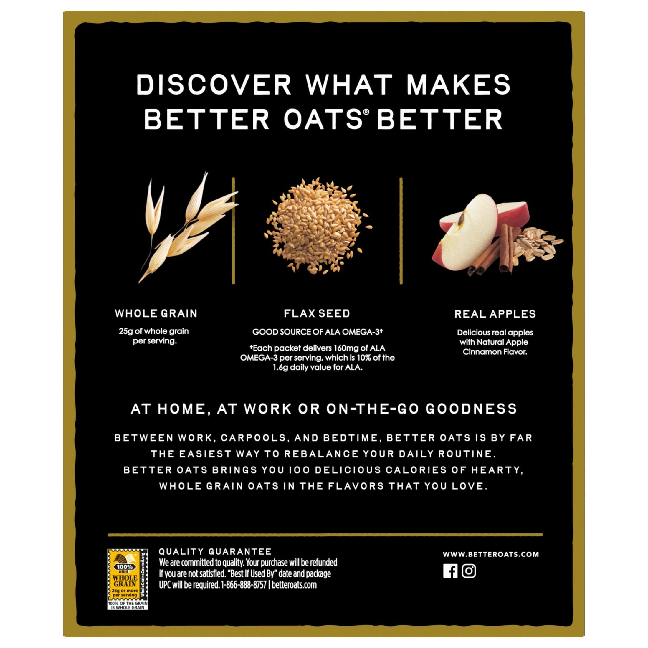 Better Oats 100 Calorie Apples and Cinnamon Oatmeal with Flax Seeds, 10 Instant Oatmeal Packets, 9.8 oz Pack Better Oats 