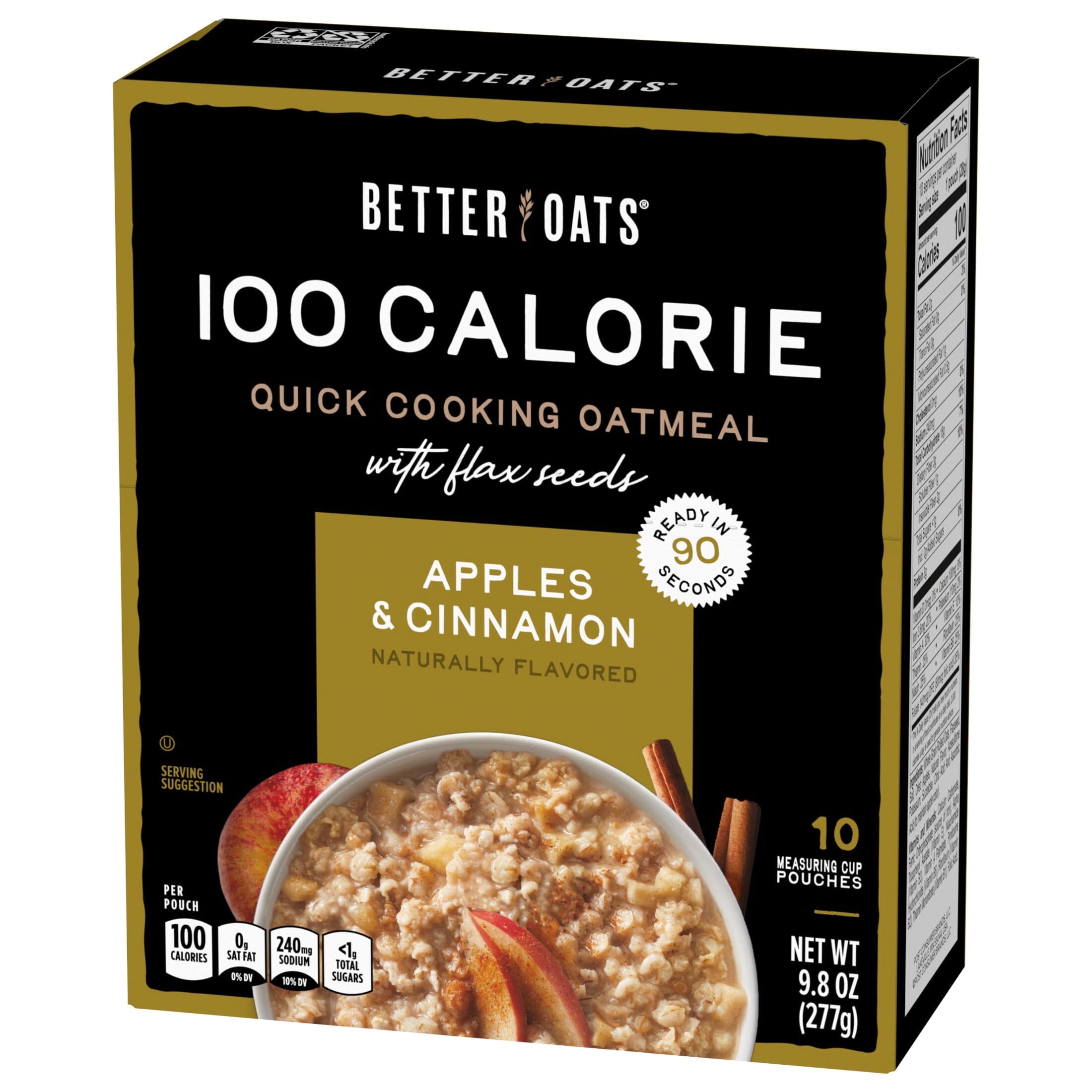 Better Oats 100 Calorie Apples and Cinnamon Oatmeal with Flax Seeds, 10 Instant Oatmeal Packets, 9.8 oz Pack Better Oats 