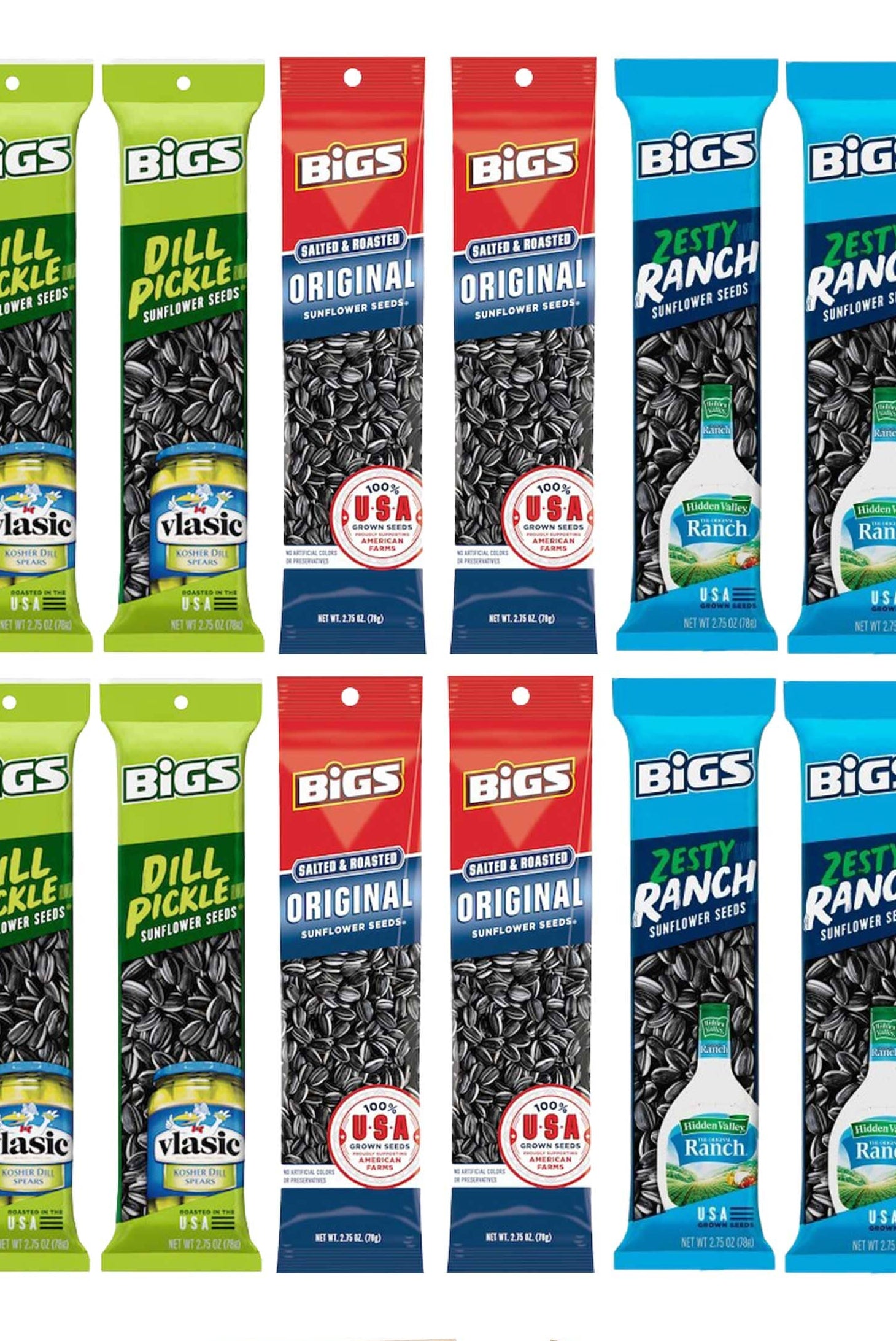 BIGS Sunflower Seeds Variety Pack, Original, Dill Pickle, Zesty Ranch, 2.75 Ounce Each, 4 per Flavor (Pack of 12) Snackathon Original Dill Ranch 12 Pack 