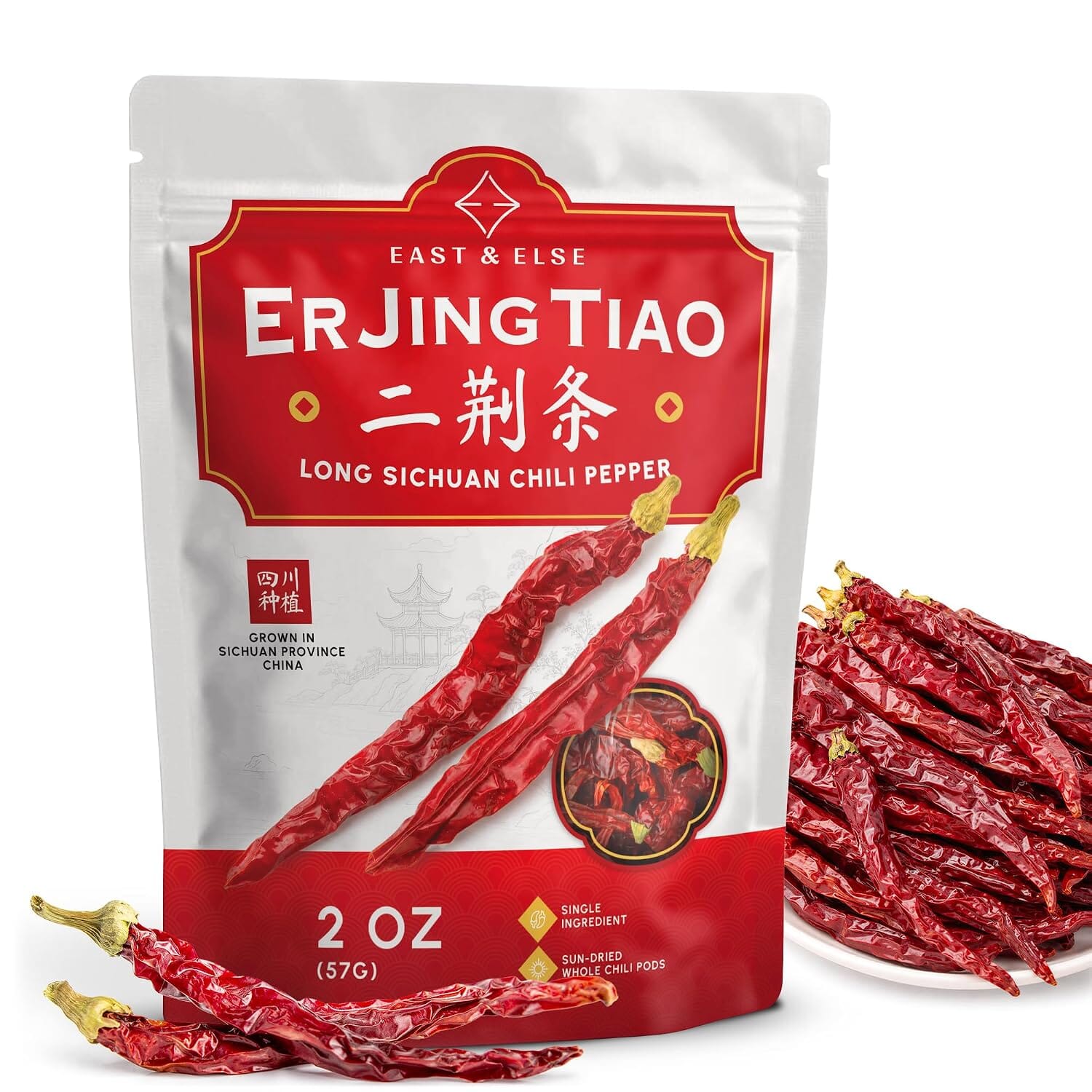 East & Else Er Jing Tiao Dried Chili Peppers, Long Sichuan Chili Pods East and Else Er Jing Tiao 2 Ounce 