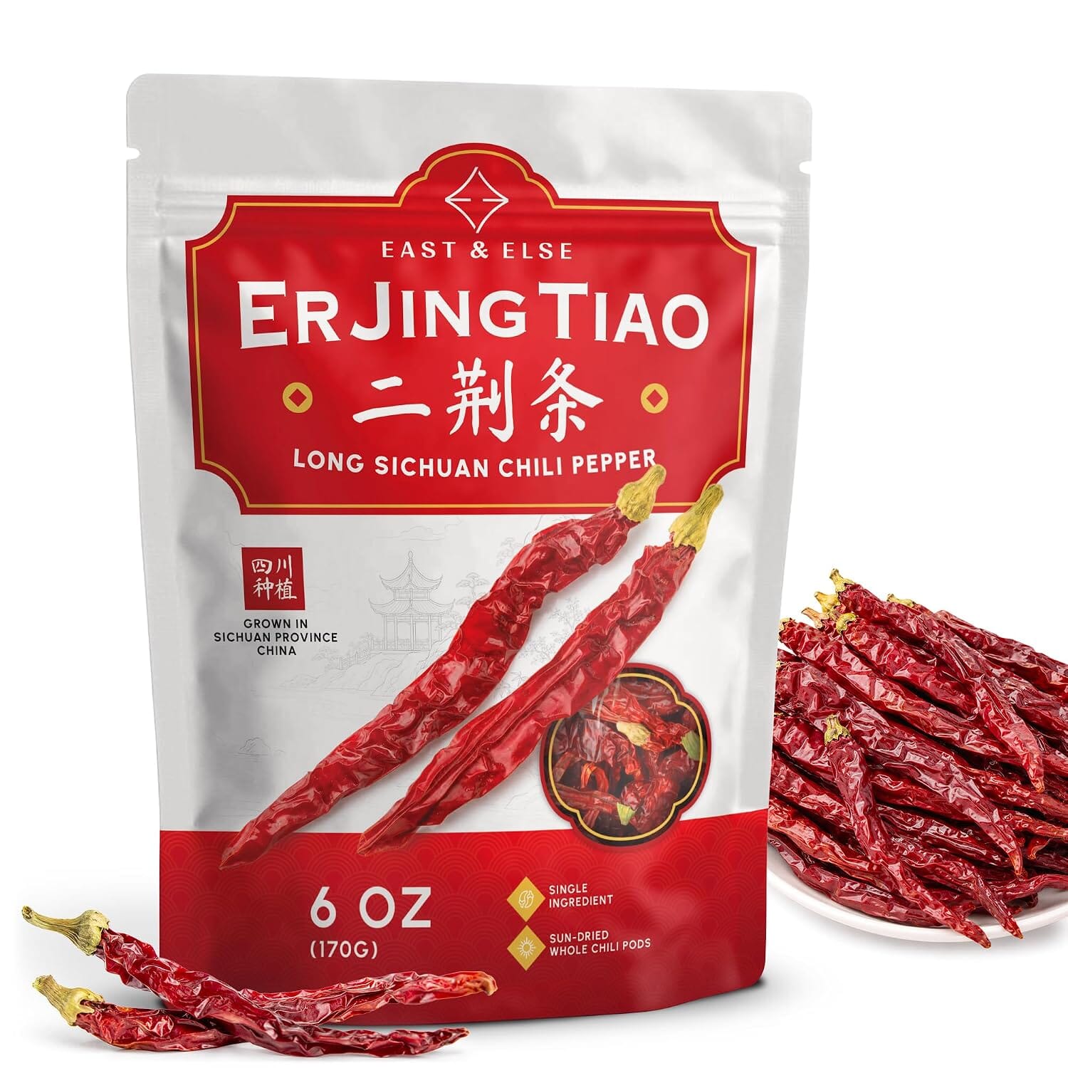 East & Else Er Jing Tiao Dried Chili Peppers, Long Sichuan Chili Pods East and Else Er Jing Tiao 6 Ounce 