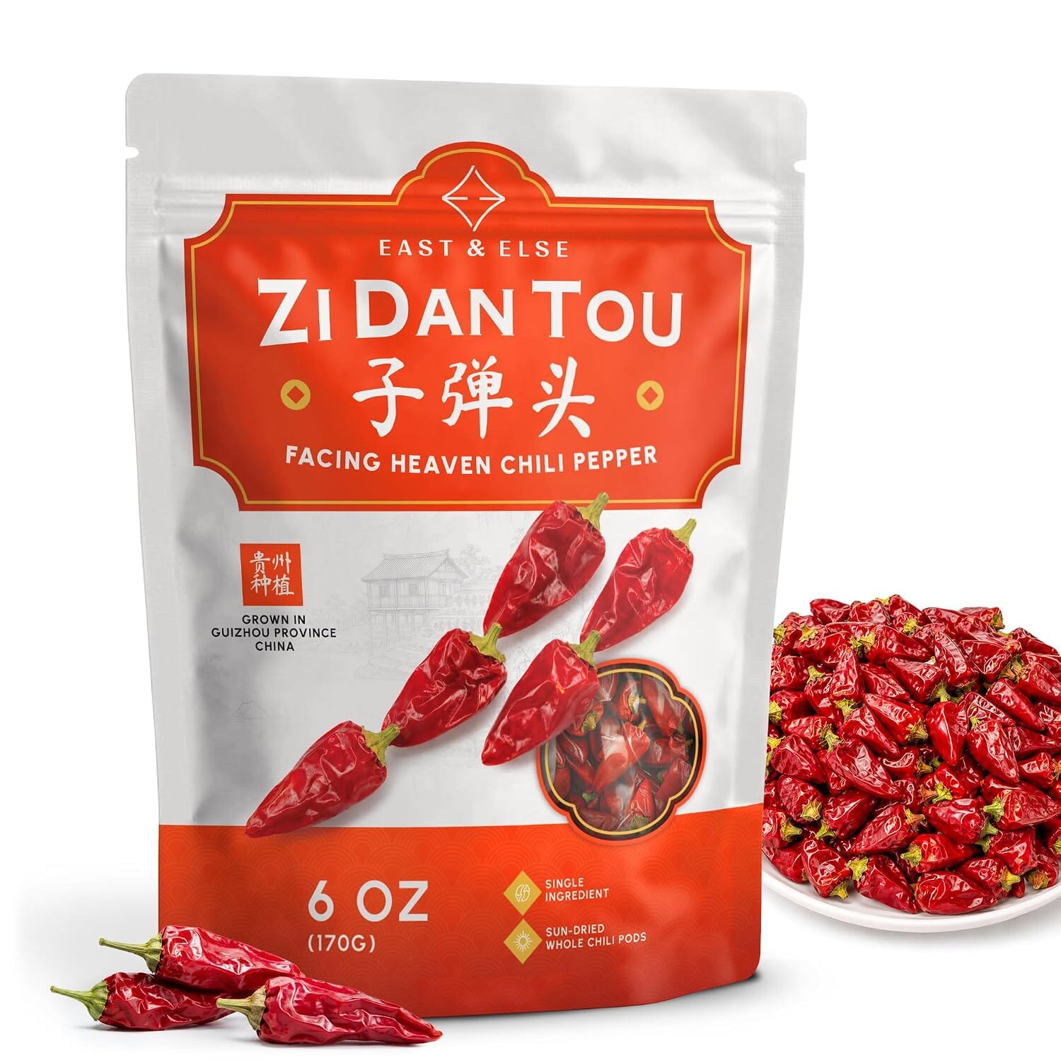 East & Else Facing Heaven Zi Dan Tou Dried Peppers, Sichuan Chili Pods East and Else Zi Dan Tou 6 Ounce 