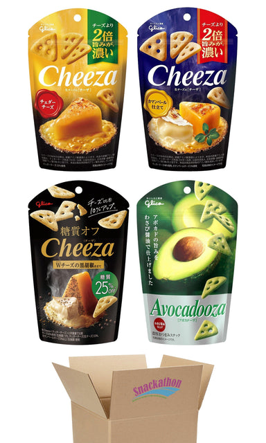 Glico Cheeza Japanese Cheese Crackers Variety Pack, 4 Flavors (Cheddar, Camembert, Black Pepper, Avocadooza), 1.27 Ounce Each, Pack of 4 Snackathon 