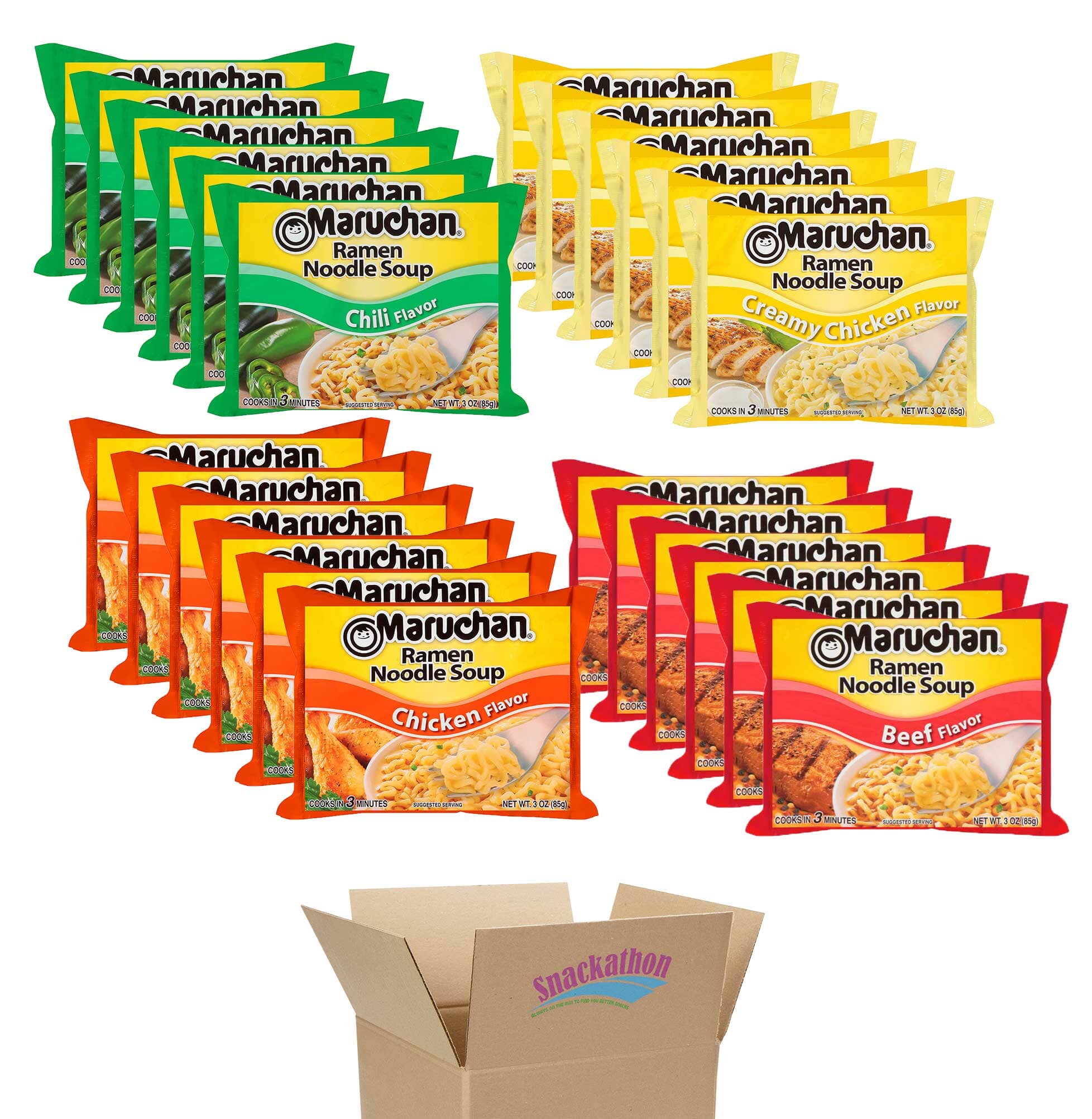 Maruchan Ramen Noodle Soup Variety, 4 Flavors, 3 Ounce, 6 Packages each Flavor, Total 24 Packages (Chicken, Beef, Chili, Creamy Chicken) Snackathon 4 Flavors 3 Ounce (Pack of 24) 