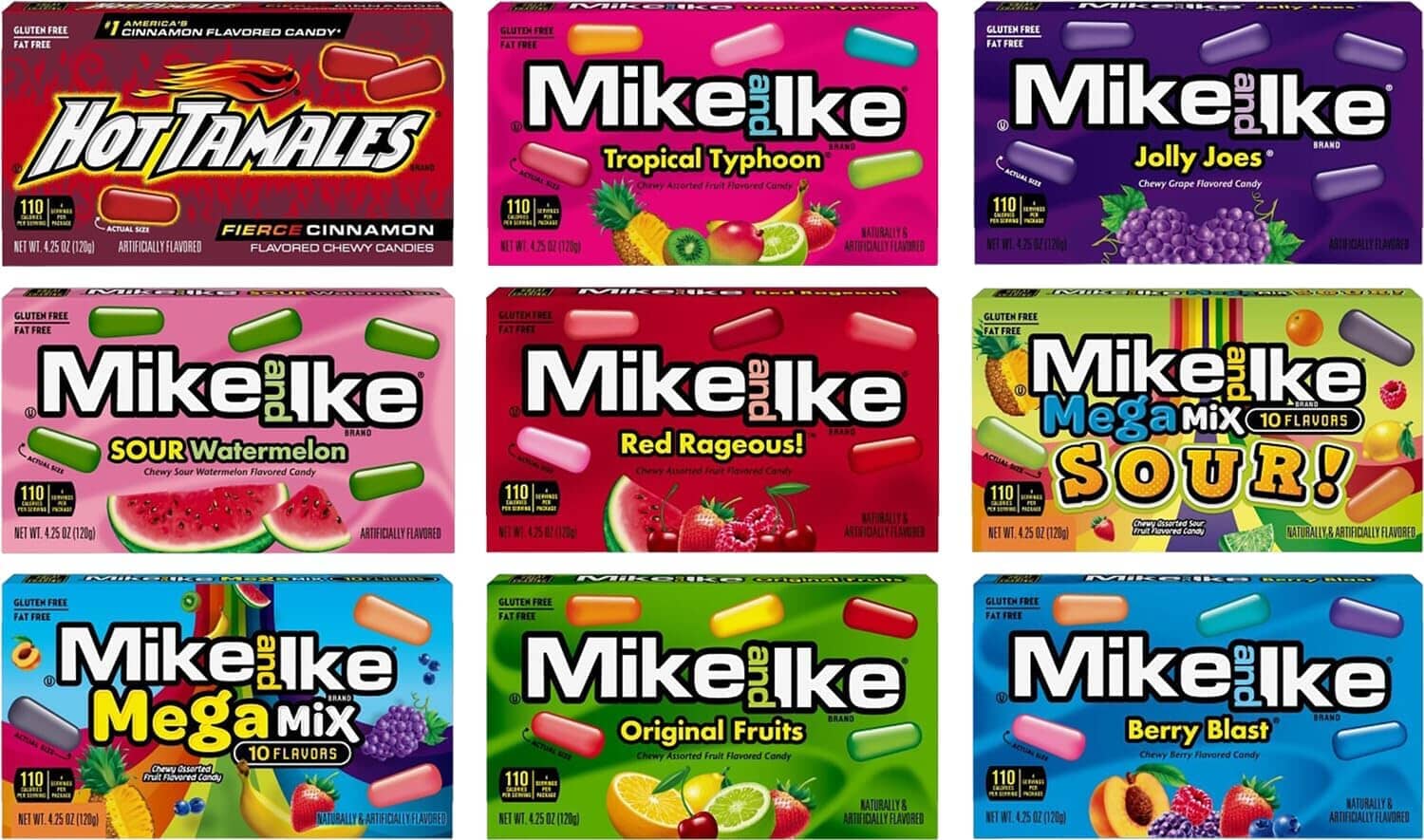 Mike & Ike Chewy Candy, Theater Box Variety Pack, 9 Flavors (Original, Mega, Tropical, Berry, Jolly, Red, Tamales, Mega Sour, Watermelon), 1 Box each Flavor, 9 Boxes Total, 4.25 Ounce each Box Snackathon 9 Flavors 9 Boxes 