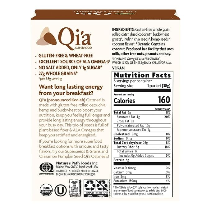 Qi’a Superfood Creamy Coconut Oatmeal, Gluten-Free Oats with Coconut & Super Seeds, 6 Pack Nature's Path 