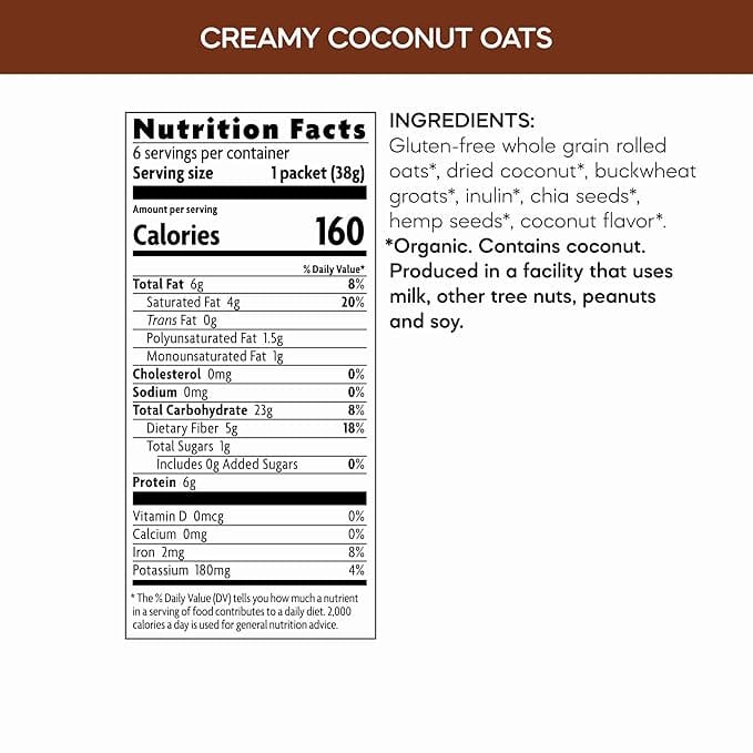 Qi’a Superfood Creamy Coconut Oatmeal, Gluten-Free Oats with Coconut & Super Seeds, 6 Pack Nature's Path 
