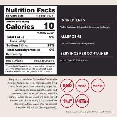 San-J Tamari Soy Sauce Wheat Free Less Sodium 10 Ounce Snackathon Foods 