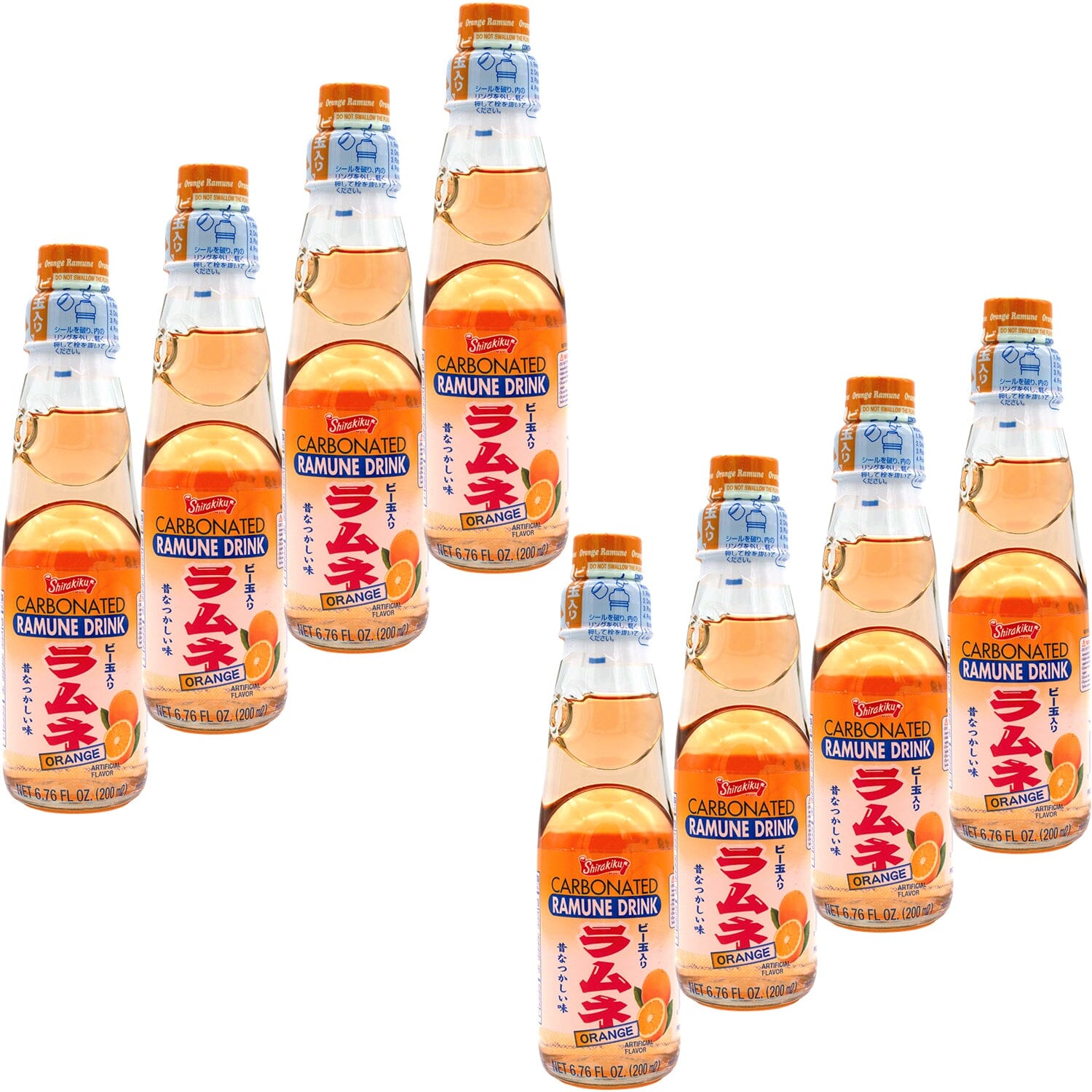 Shirakiku Ramune Japanese Soda, Orange, 6.76 Fluid Ounce, Pack of 8 Snackathon 