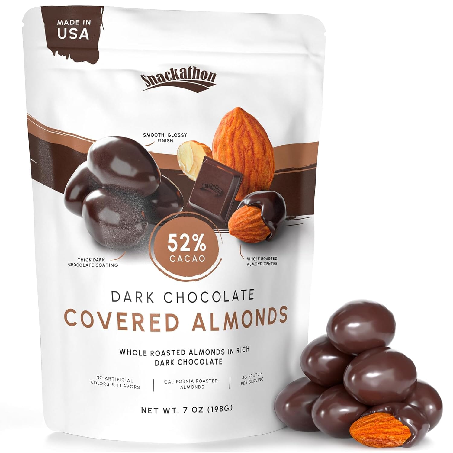 Snackathon 52% Dark Chocolate Covered Almonds, 7 oz Resealable Bag Snackathon Foods 
