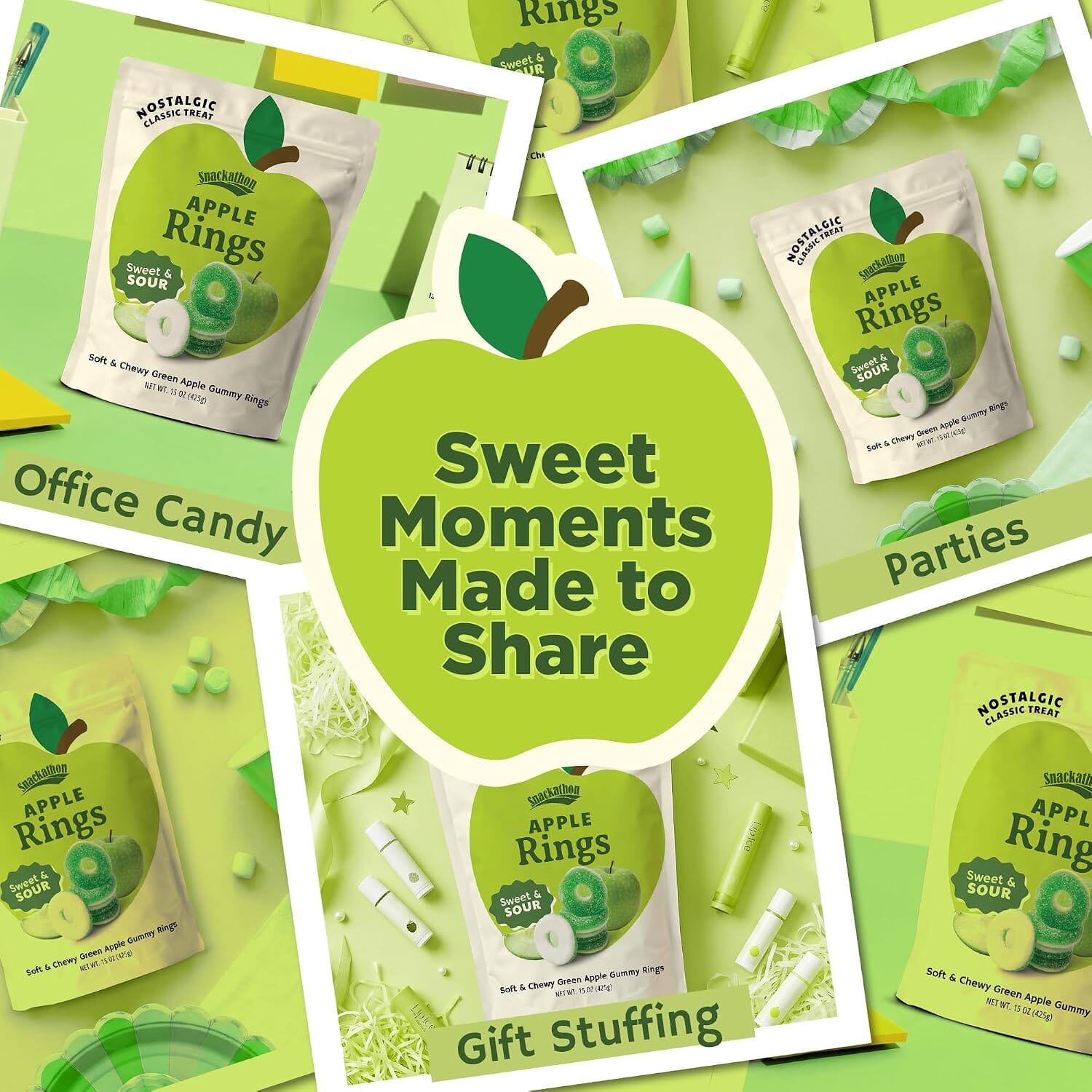 Snackathon Apple Rings Gummy Candy, Soft & Chewy Green Apple Gummies Snackathon 