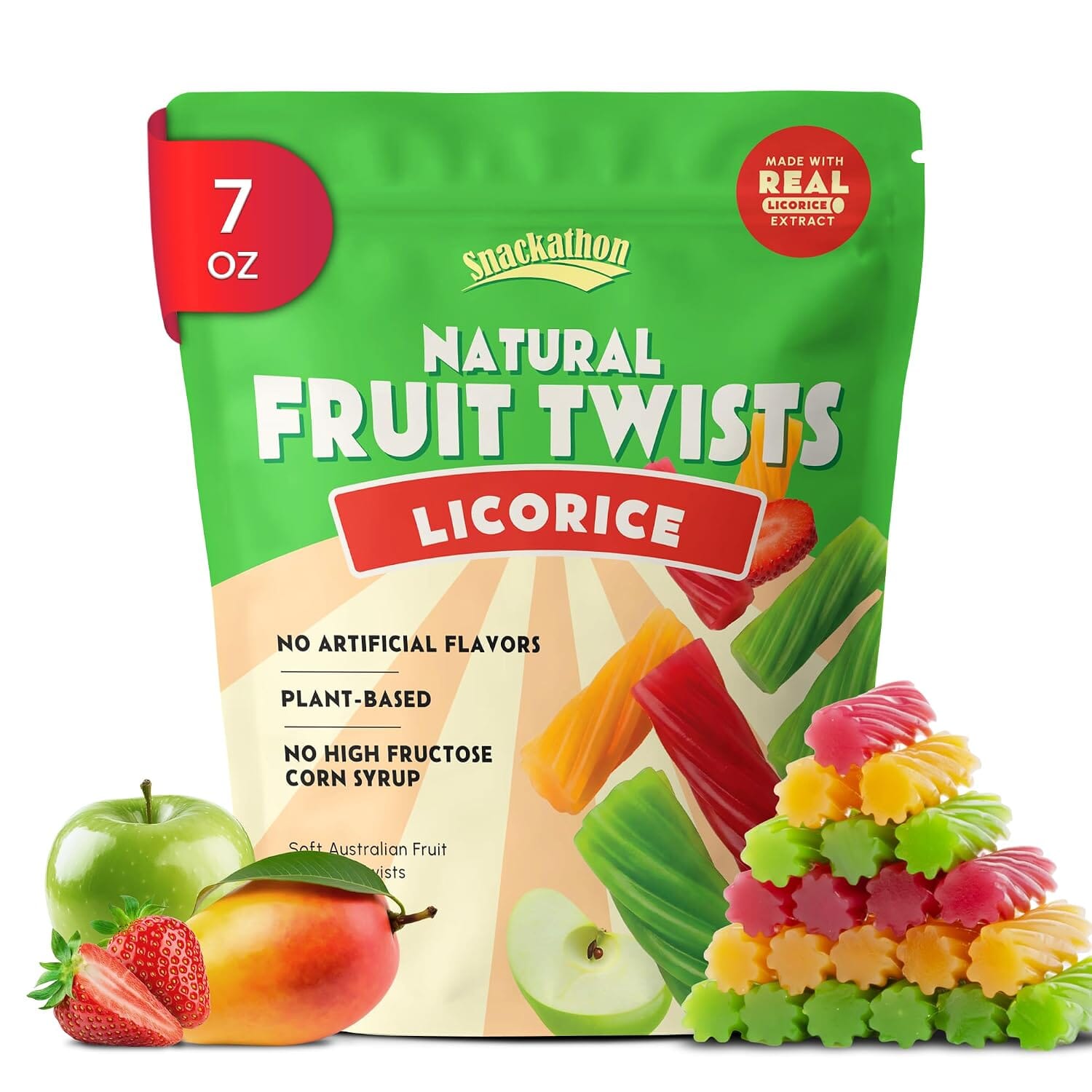 Snackathon Australian Licorice Candy, Mixed Fruit Flavors, Soft & Chewy Gourmet Licorice Twists Snackathon Foods Mixed Fruit 7 Ounce 