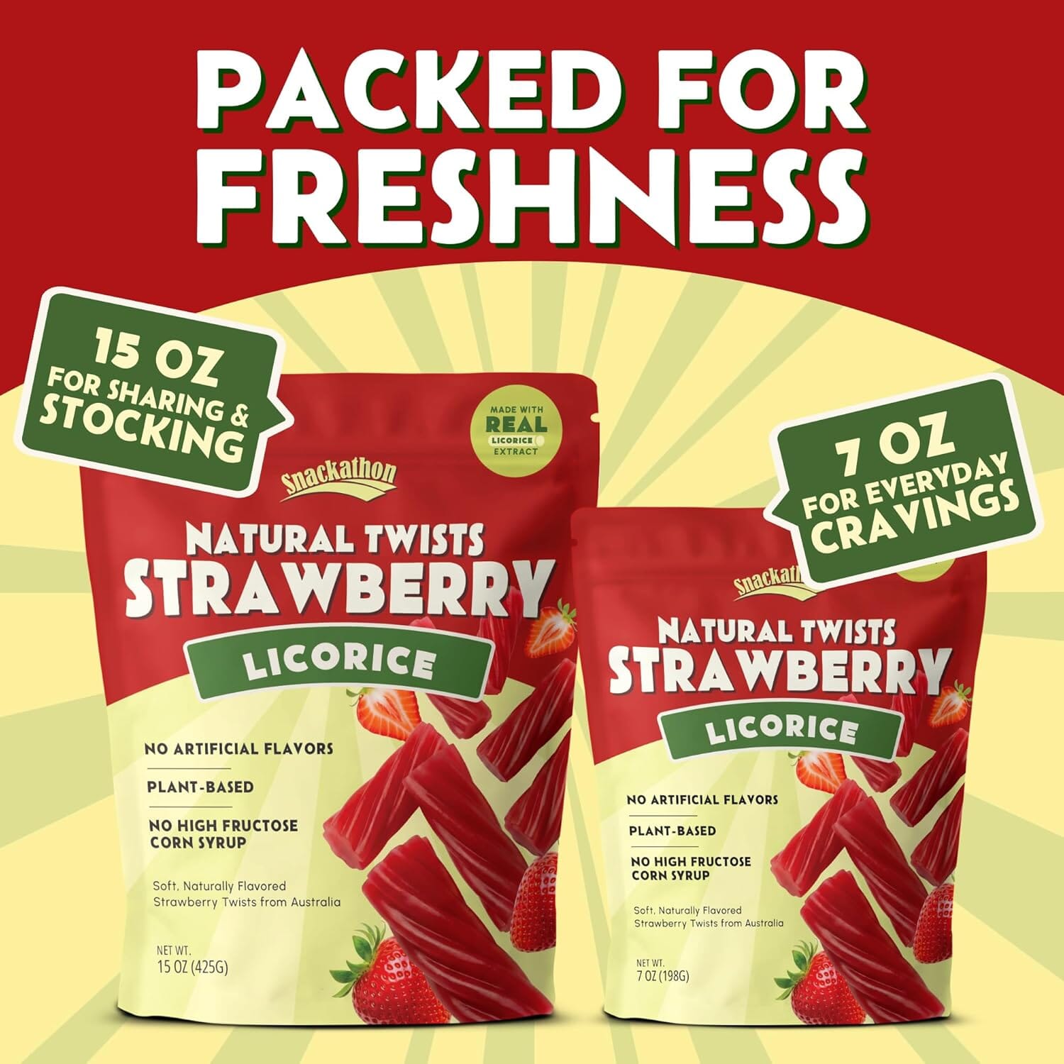 Snackathon Australian Licorice Candy, Natural Strawberry Twists, Resealable Bag, Soft & Chewy Classic Gourmet Licorice for Parties, Snacking & Candy Bowls, Made in Australia Snackathon 
