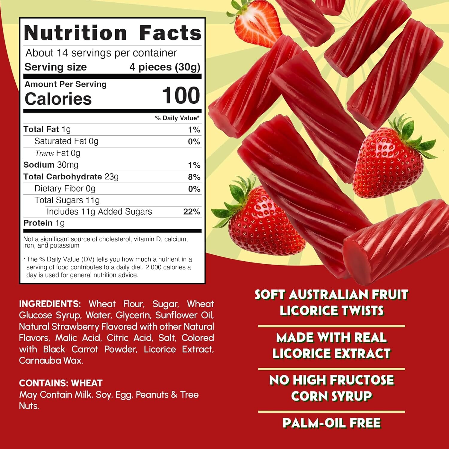 Snackathon Australian Licorice Candy, Natural Strawberry Twists, Resealable Bag, Soft & Chewy Classic Gourmet Licorice for Parties, Snacking & Candy Bowls, Made in Australia Snackathon 