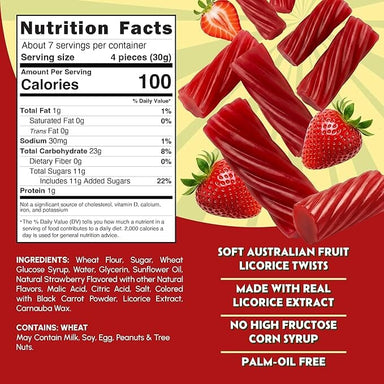 Snackathon Australian Licorice Candy, Natural Strawberry Twists, Resealable Bag, Soft & Chewy Classic Gourmet Licorice for Parties, Snacking & Candy Bowls, Made in Australia Snackathon 