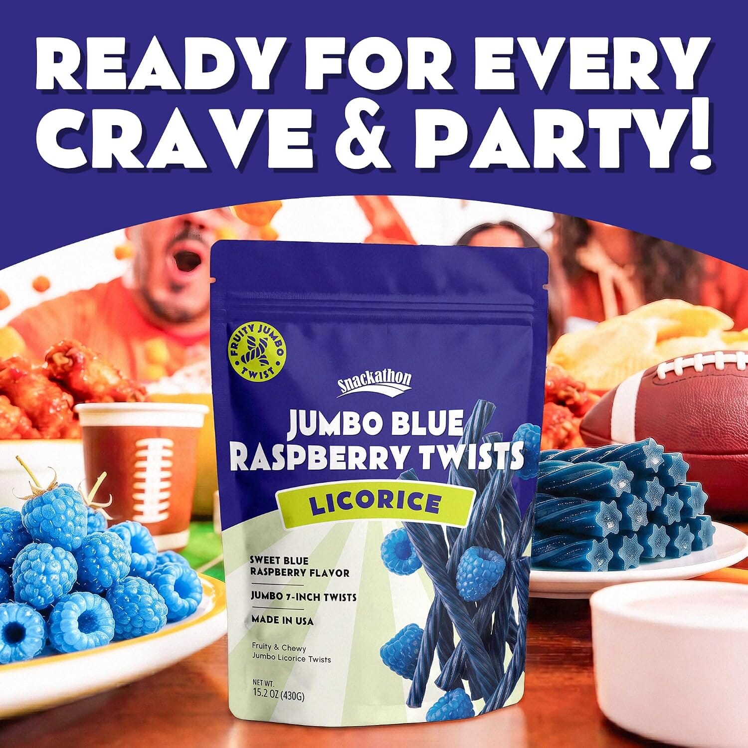 Snackathon Blue Raspberry Licorice Twists, 15.2 oz, Jumbo Chewy Licorice Sticks Snackathon 