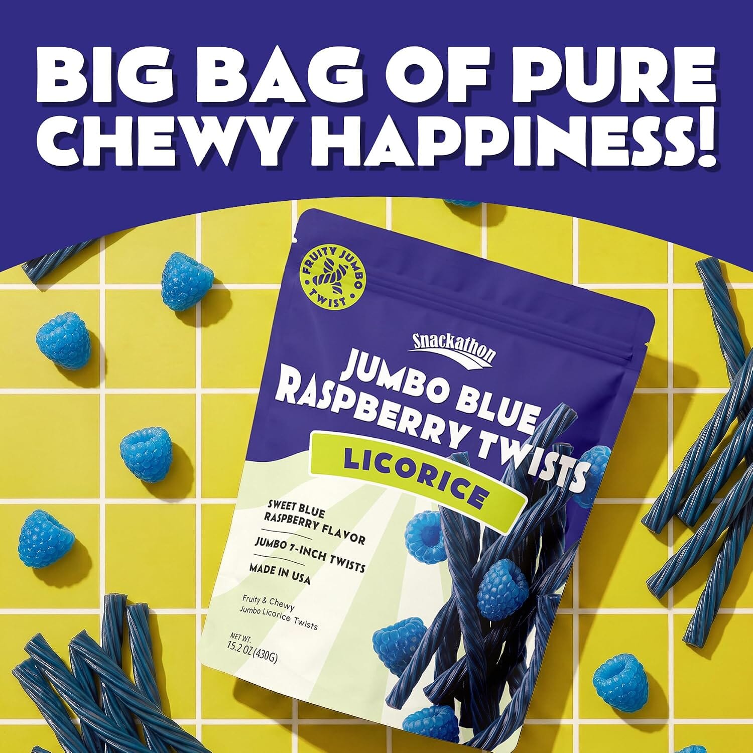 Snackathon Blue Raspberry Licorice Twists, 15.2 oz, Jumbo Chewy Licorice Sticks Snackathon 