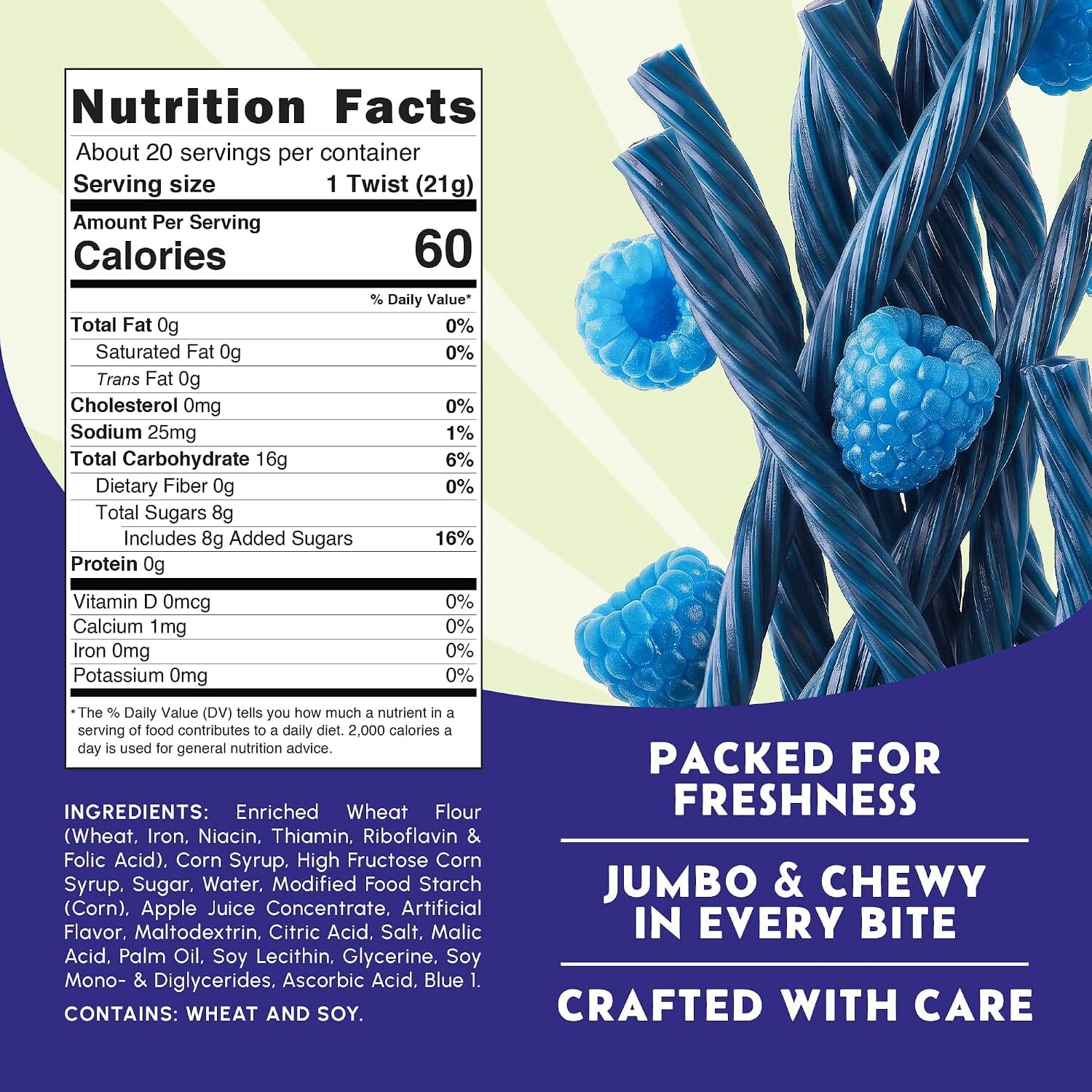 Snackathon Blue Raspberry Licorice Twists, 15.2 oz, Jumbo Licorice Candy, 7-inch Chewy Licorice Sticks, Fruity Blue Raspberry Flavor, Old Fashioned Fruit Twists, Made in USA, Resealable Bag Snackathon 