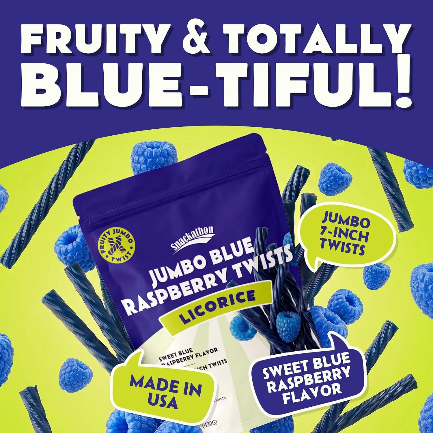 Snackathon Blue Raspberry Licorice Twists, 15.2 oz, Jumbo Licorice Candy, 7-inch Chewy Licorice Sticks, Fruity Blue Raspberry Flavor, Old Fashioned Fruit Twists, Made in USA, Resealable Bag Snackathon 