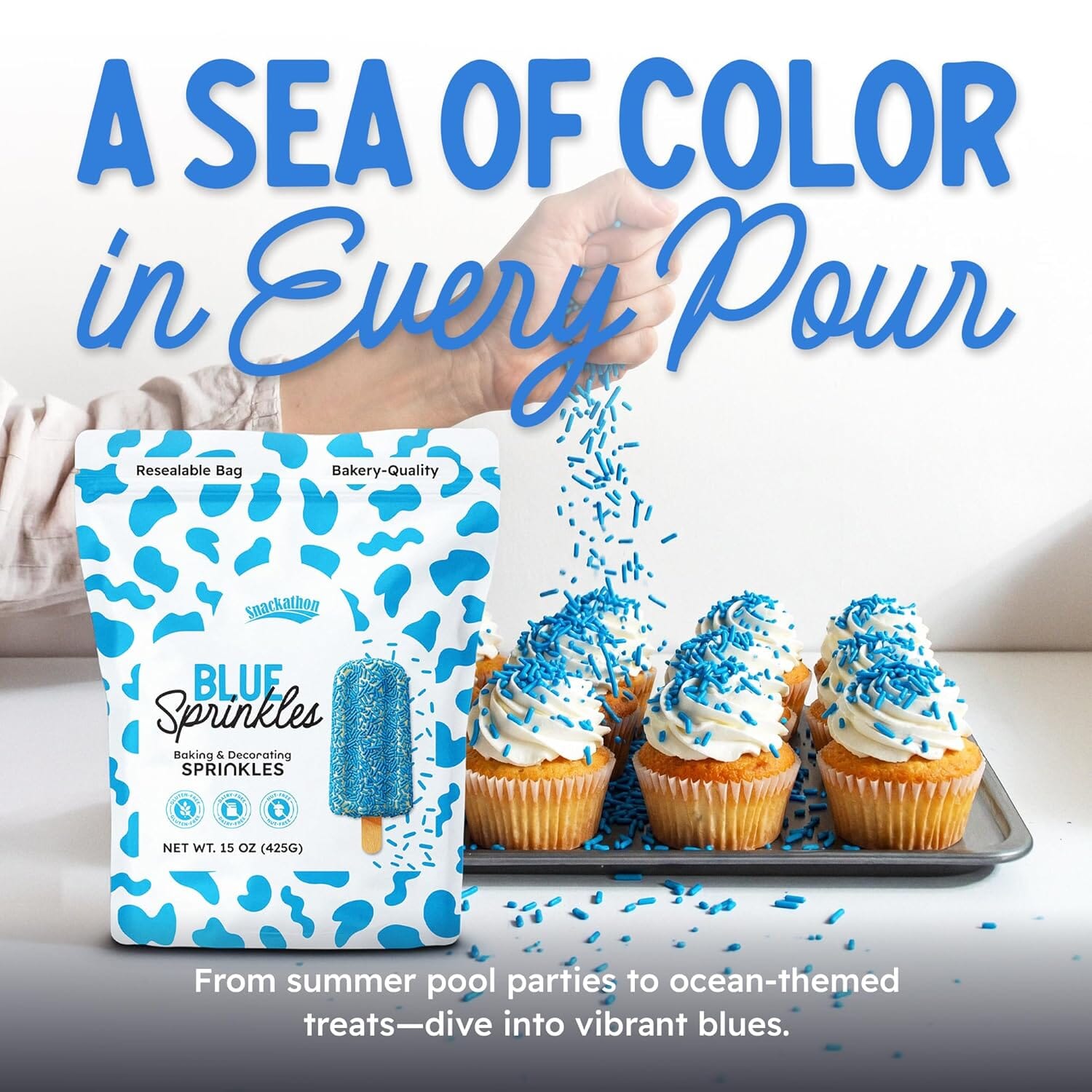 Snackathon Blue Sprinkles (Jimmies), 15 oz Resealable Pouch, Gluten-Free Baking & Decorating Topping Snackathon 
