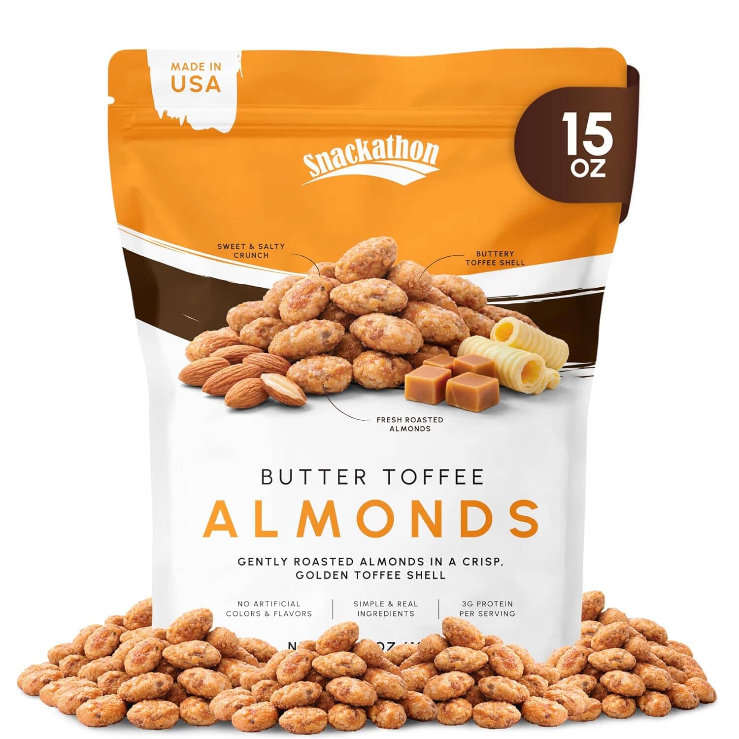 Snackathon Butter Toffee Almonds, Resealable Bag Snackathon 15 Ounce 