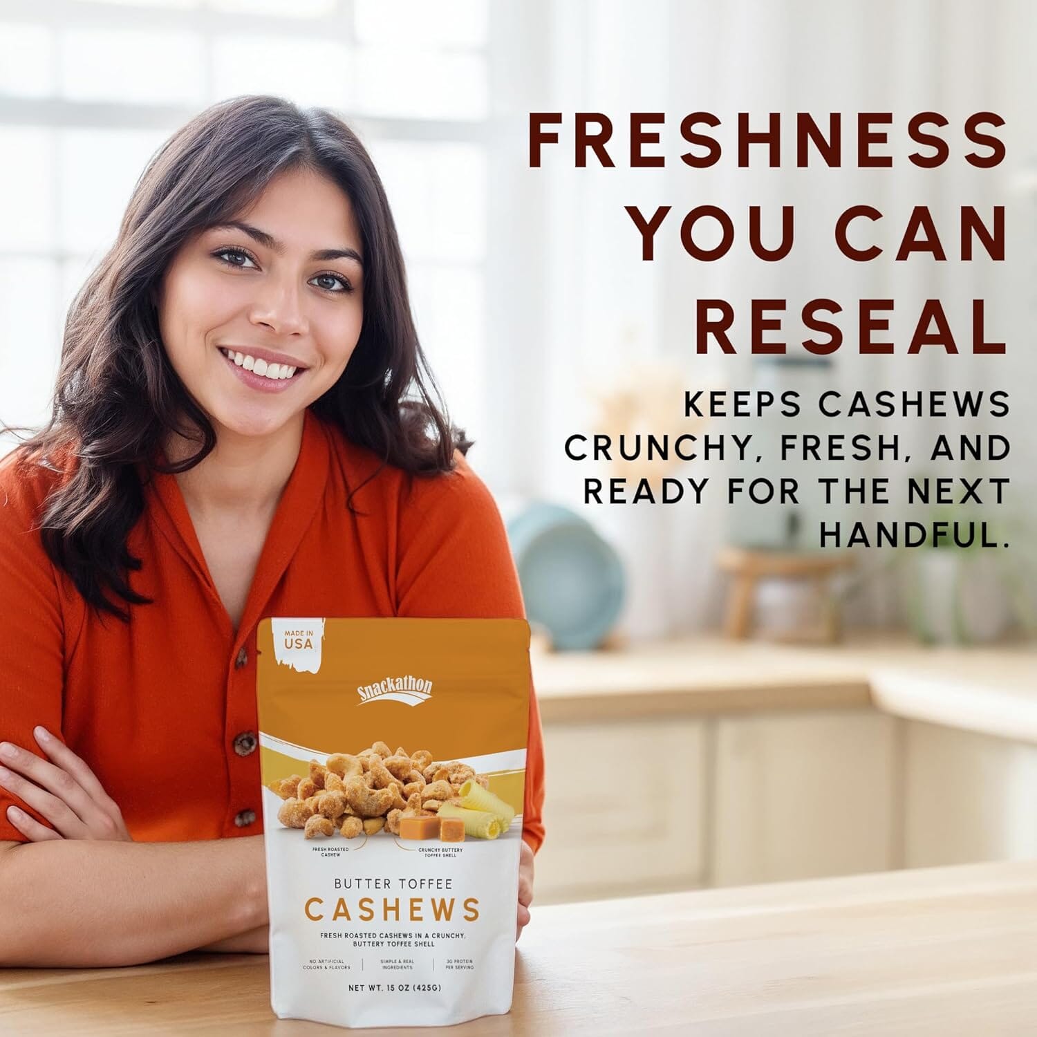 Snackathon Butter Toffee Cashews, Resealable Bag Snackathon Foods 